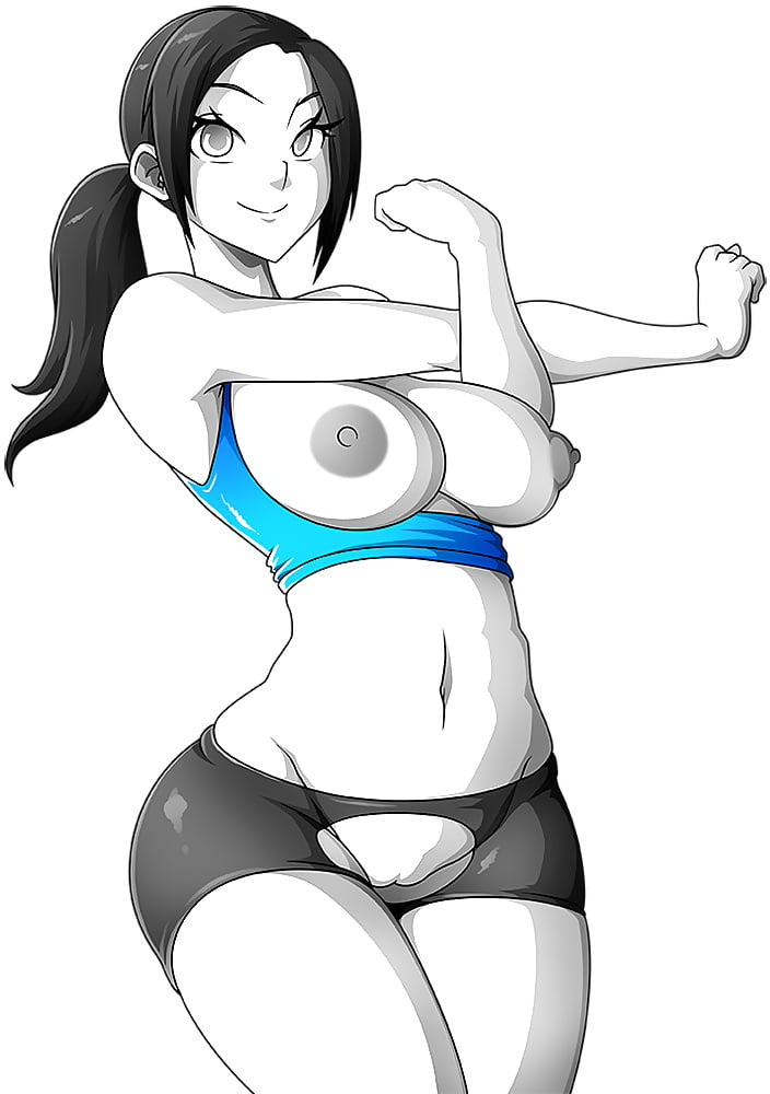 1girls, big breasts, black hair, breasts, breasts out, crotch cutout, exposed breasts, female, female only, nintendo, open clothes, ponytail, revealing clothes, short shorts, shorts, smile, solo, stretching, tight shorts, white eyes, white skin, wide hips, wii fit, wii fit trainer, wii fit trainer (female), witchking00