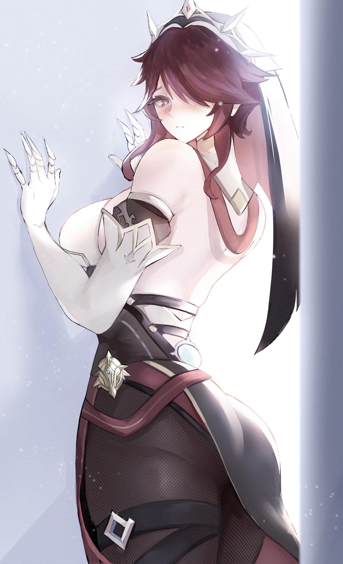 1girls, against wall, ass, big ass, big butt, curvy, female, female only, fishnet pantyhose, fishnets, genshin impact, looking at viewer, looking back, nun, pantyhose, red hair, rosaria (genshin impact), short hair, solo, solo female, thick, thick thighs, thighs, tommy (kingdukeee), voluptuous