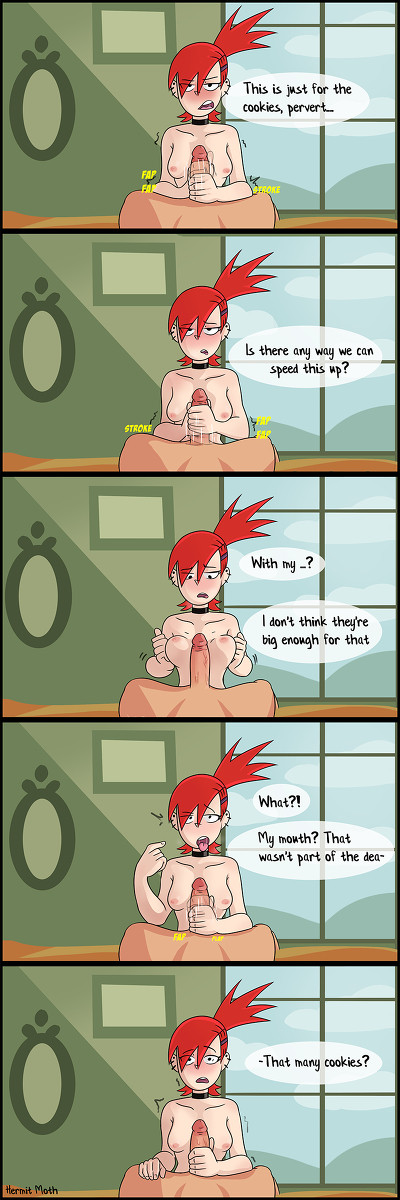 1boy, 1girls, age difference, breasts, cartoon network, comic, comic strip, cookie, dialogue, english text, faceless male, female, foster's home for imaginary friends, frankie foster, handjob, hermitmoth, imminent oral, light skin, light-skinned female, mac (fhfif), male, mature, mature female, nipples, older female, outercourse, penis, prostitution, small breasts, straight, text, voluptuous, younger male