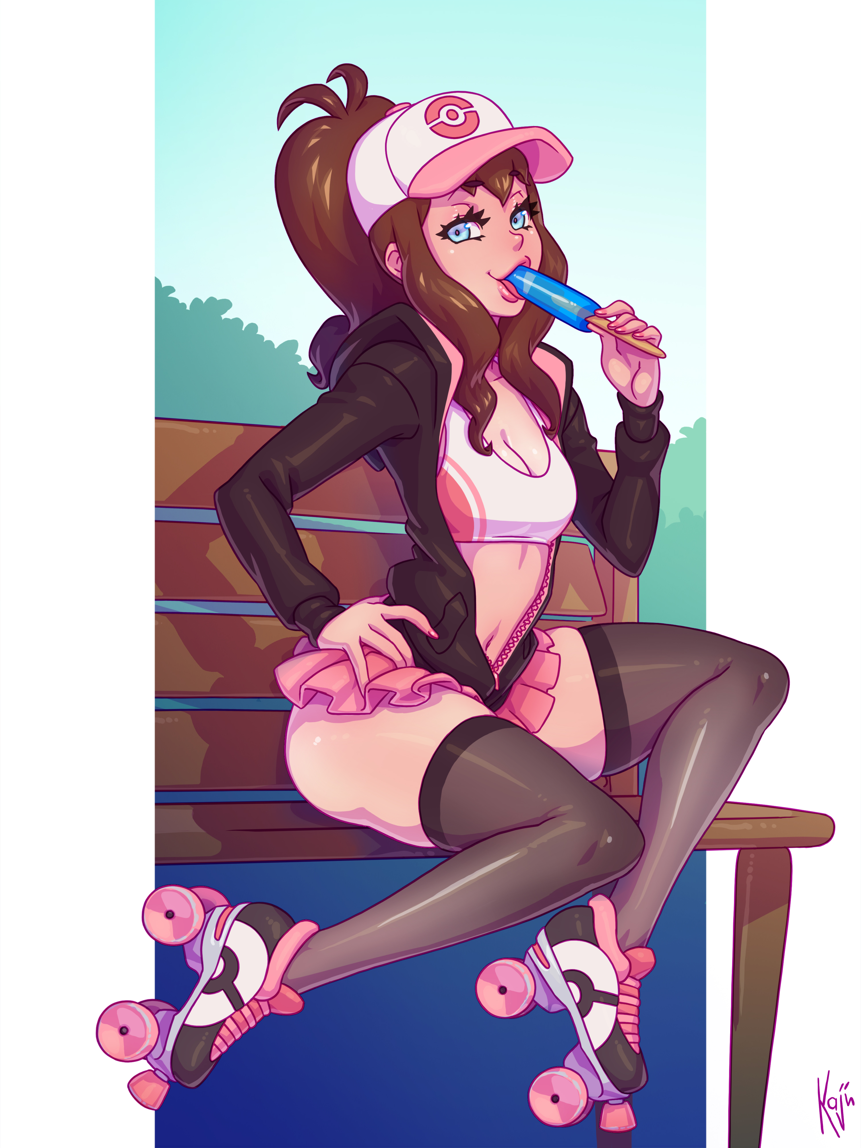 1girls, absurd res, alternate outfit, areolae, belly, bench, big breasts, blue eyes, blush, breasts, brown hair, bush, clothed, day, erect nipples, eyelashes, female, female only, food, hand on hips, hat, hi res, hilda (pokemon), holding, human, ice cream, jacket, kajinman, large breasts, lipstick, long hair, looking at viewer, microskirt, miniskirt, navel, nintendo, nipples, open shirt, oral, outdoors, pink lipstick, pokemon, pokemon bw, ponytail, popsicle, roller skates, sexually suggestive, sitting, skirt, smile, solo, stick, thick thighs, thighhighs, thighs, wide hips