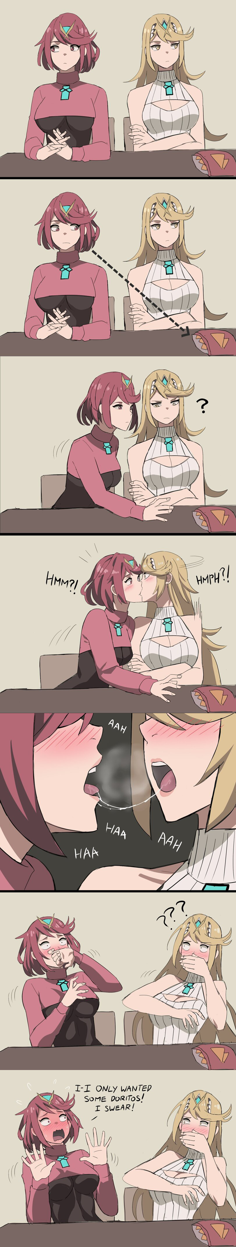 2girls accidental_circumstance accidental_incest accidental_kiss accidental_selfcest accidental_yuri blonde_hair comic dialogue embarrassed full_face_blush heavy_breathing incest jourd4n kissing multiple_girls mythra nintendo pyra red_hair saliva saliva_trail selfcest steamy_breath virgin_killer_sweater xenoblade_(series) xenoblade_chronicles_2 yuri