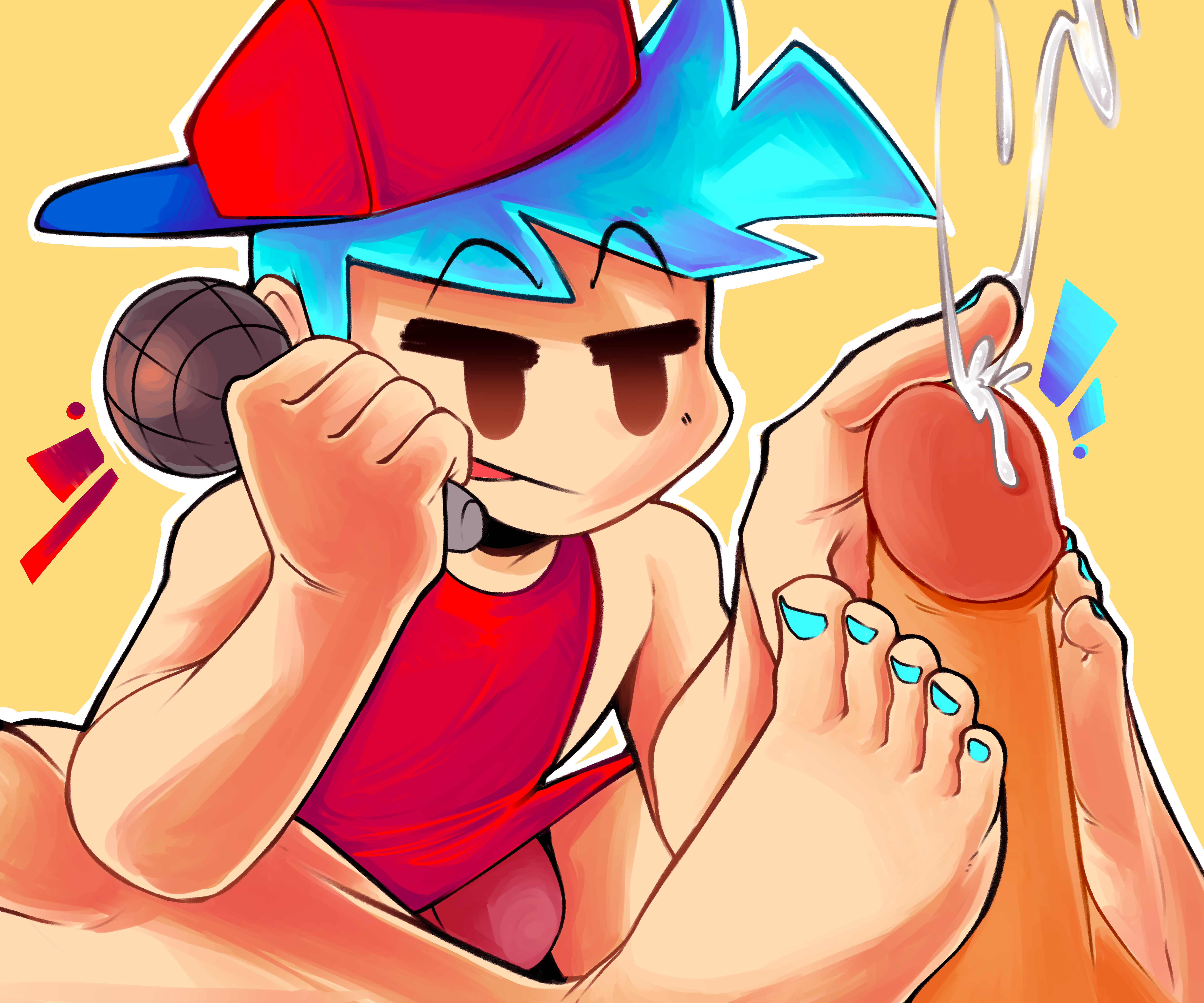 2boys, barefoot, blue hair, blue nails, boyfriend (friday night funkin), cap, crossdressing, cum, dress, feet, femboy, foot fetish, footjob, friday night funkin, gay, highres, male, male only, microphone, nail polish, panties, penis, red dress, red panties, short hair, tinsay (artist), toes, yaoi, yellow background