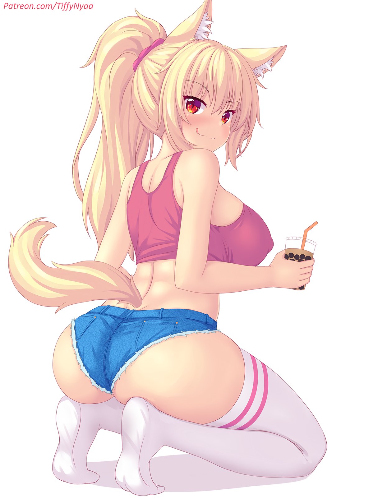 1girls, animal ears, animal tail, ass, blonde hair, breasts, daisy dukes, denim shorts, female, female only, fox ears, fox girl, fox tail, kemonomimi, kneeling, large breasts, licking lips, looking at viewer, looking back, ponytail, red eyes, short shorts, shorts, tail, thighhighs, tiffy, tiffynyaa, tongue, white legwear