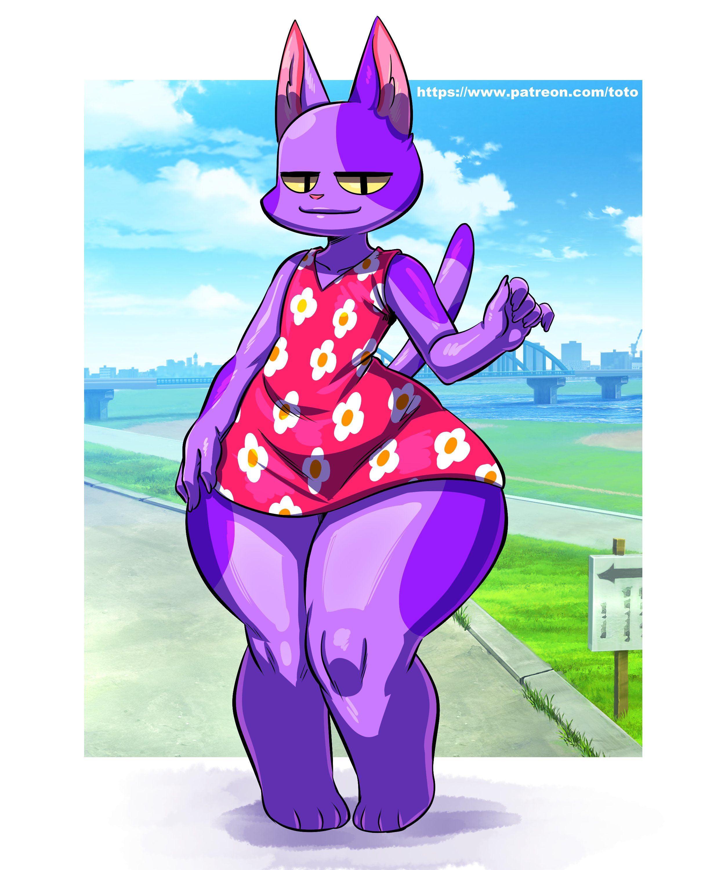 animal crossing, ass, big ass, big butt, black eyes, bob (animal crossing), cat ears, cat eyes, cat humanoid, cat tail, clothed, clothing, crossdressing, curvy, curvy figure, ears up, eyes half open, fabianoferreira, feline, feline ears, feline humanoid, felis, femboy, flat chest, flat chested, flowers, fur, furry, girly, hand up, hands on hips, horny, legs, legs together, male, male focus, male only, nintendo, paws, pink dress, purple fur, smile, thick thighs, toto draw, video game, video game character, video games, wide hips