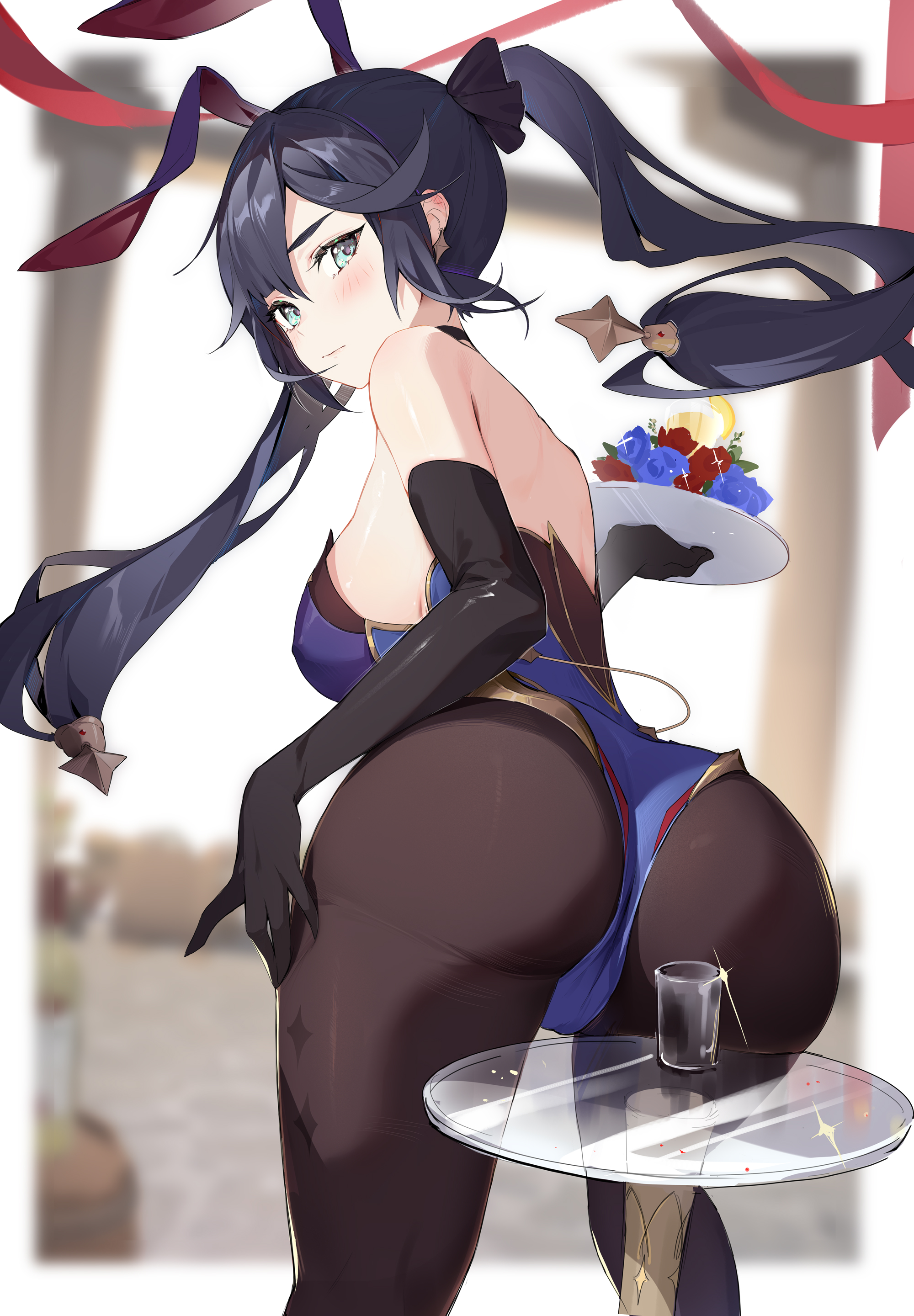 1girls, absurd res, arched back, ass, ass cheeks, ass focus, bare shoulders, bending over, big ass, big breasts, big butt, black hair, blush, breasts, bunny ears, butt focus, choker, detailed background, elbow gloves, female, genshin impact, glass, glass table, green eyes, hand on thigh, hi res, highres, houkiboshi (mmjw7432), huge ass, huge breasts, huge butt, large ass, large breasts, leaning forward, leggings, leotard, looking at viewer, looking back, mona (genshin impact), nipple bulge, pigtails, pussy, pussy lips, serving tray, shoulders, sideboob, sitting on desk, solo, thick, thick ass, thick thighs, thighs, tight clothing, tights, twintails