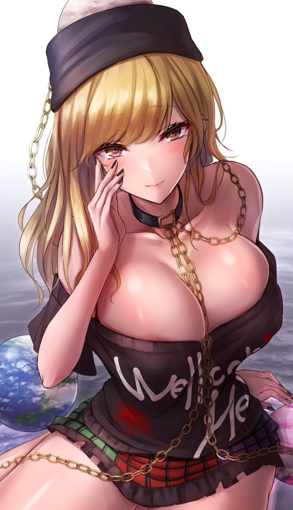 1girls akehi_yuki areola_slip areolae bangs between_breasts black_nails black_shirt blonde_hair breasts brown_eyes chains cleavage closed_mouth clothes_writing earth_(ornament) earth_(planet) eyebrows_visible_through_hair gold_chain gradient gradient_background hand_on_own_cheek hand_on_own_face hecatia_lapislazuli large_breasts long_hair looking_at_viewer multicolored multicolored_clothes multicolored_skirt off-shoulder_shirt off_shoulder plaid plaid_skirt planet polos_crown shirt short_sleeves sitting skirt smile solo t-shirt touhou