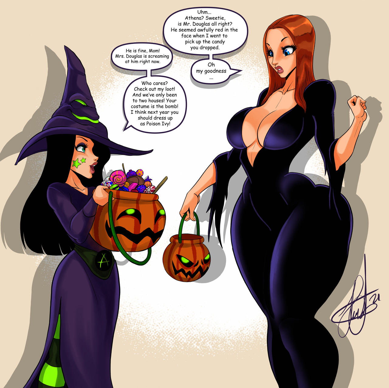 2girls, athena stoppable, big breasts, black hair, breasts, busty, cleavage, cleavage cutout, costume, dialogue, disney, dress, female, halloween, henrik-drake, hhammerh, human, large breasts, long hair, mature female, milf, morticia addams, morticia addams (cosplay), name drop, older female, original character, rsahnp, simple background, speech bubble, the addams family, voluptuous, witch, witch hat
