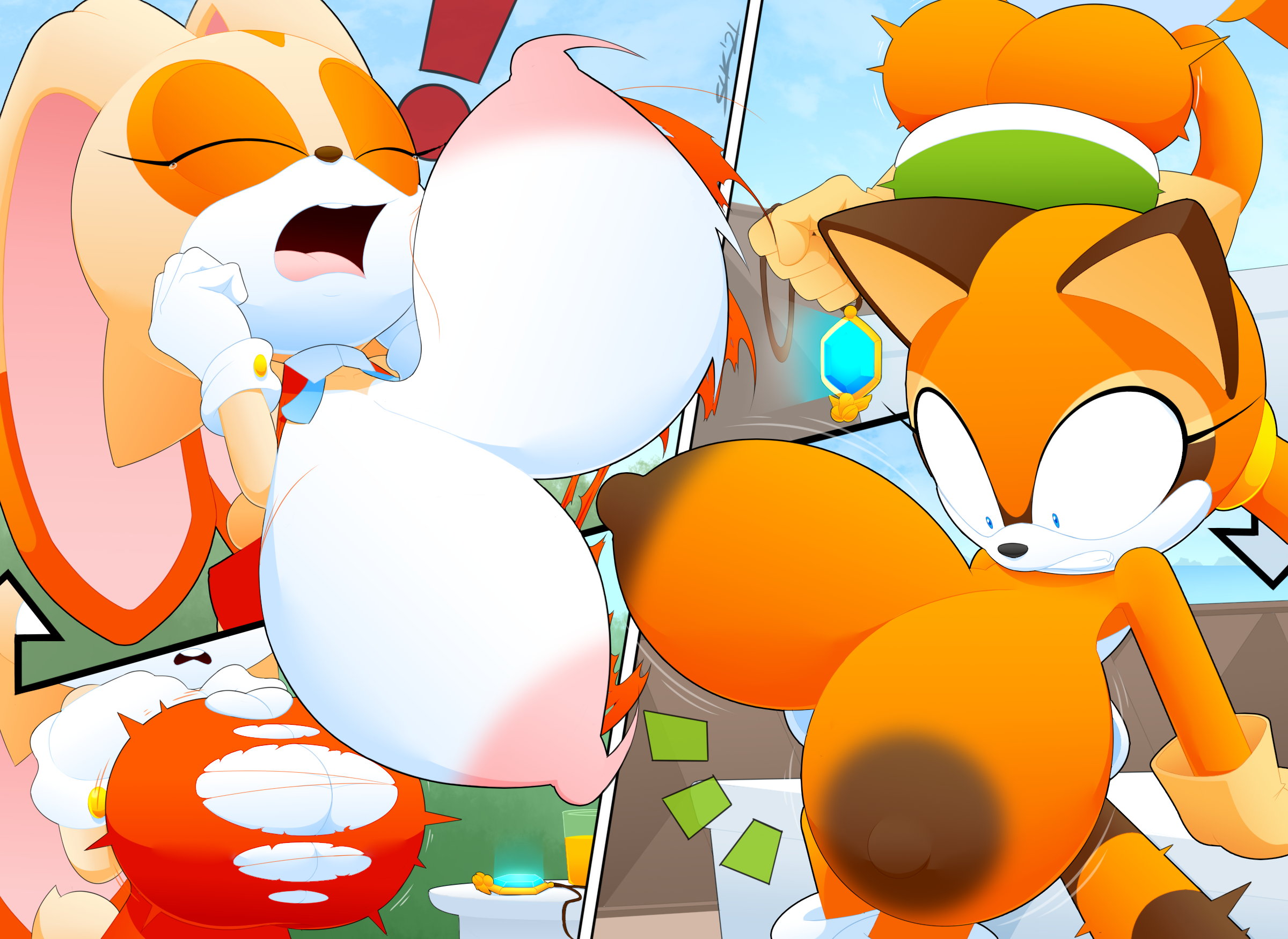 2girls, anthro, big breasts, breast expansion, breast growth, breast growth (enlargement), breasts, bursting breasts, cleavage overflow, cream the rabbit, expansion, female, furry, huge breasts, lagomorph, large breasts, marine the raccoon, motion blur, rabbit, raccoon, sega, shortstack, slickehedge, sonic (series), tearing clothes, torn clothes, torn clothing, unaligned breasts