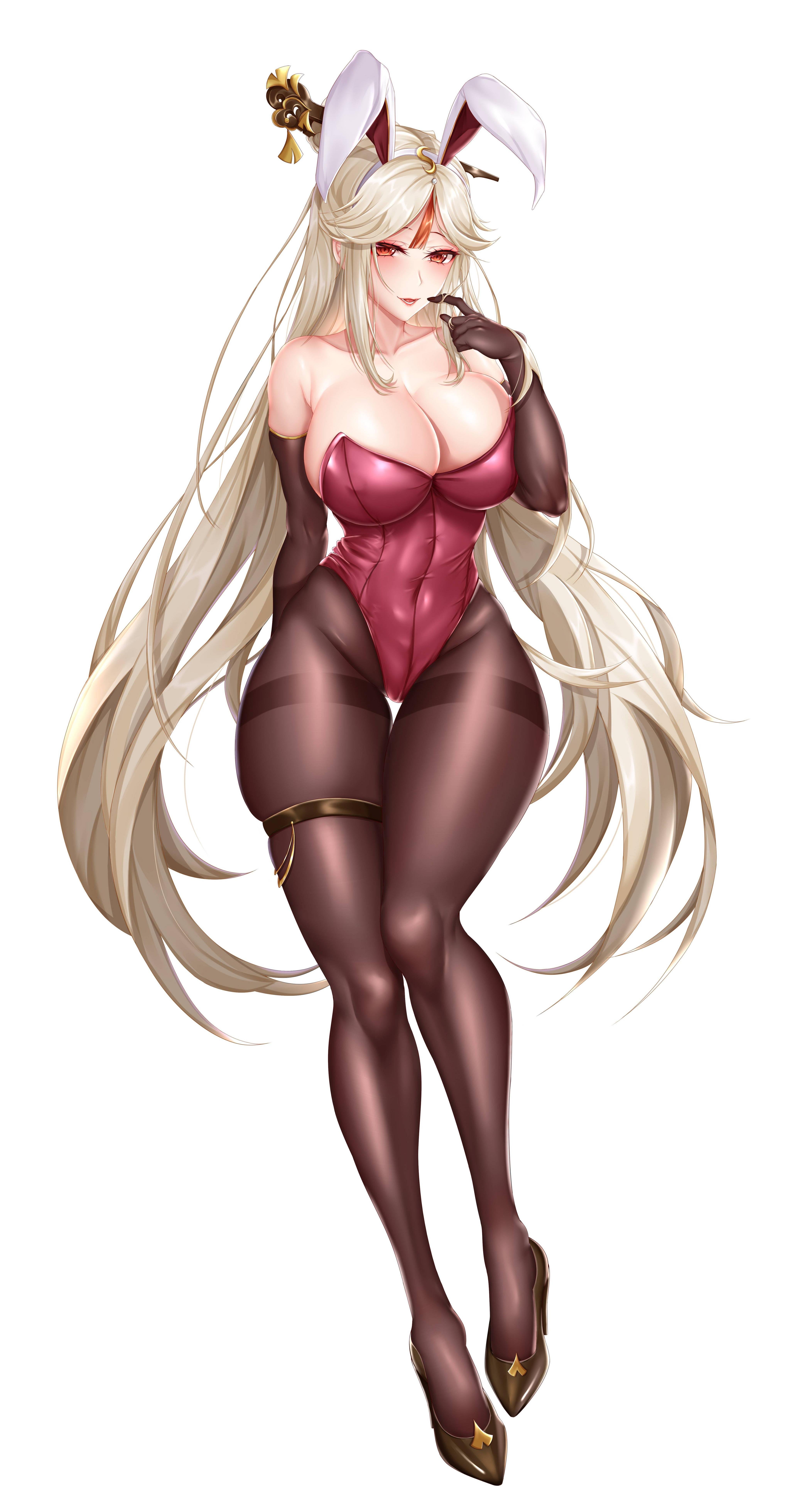 blonde hair, breasts, bunny ears, bunny girl, clothing, female, genshin impact, headgear, high heels, large breasts, legs, long hair, ningguang (genshin impact), orange eyes, pantyhose, simple background, thick thighs, thigh strap, thighs, white background, white hair