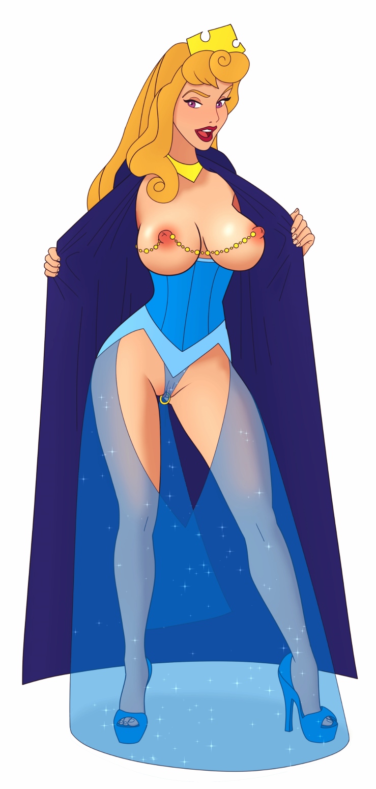 1girls aurora_(sleeping_beauty) big_breasts big_nipples blonde_hair breasts cape clitoris_piercing disney disney_princess dress female female_only hairless_pussy high_heels linked_nipples linked_piercings nipple_chain nipple_piercing nipples open_clothes open_mouth open_toe_shoes piercing_attached_clothing presenting princess purple_eyes pussy_piercing revealing_clothes rivawi royalty shaved_pussy sheer sheer_clothing sheer_dress sheer_panties sleeping_beauty_(1959_film)