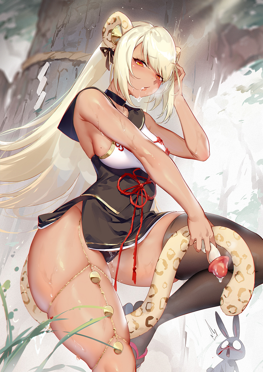 after_masturbation animal_ears animistic bangs bare_shoulders black_choker black_legwear black_panties black_sailor_collar breasts chains character_request choker dark-skinned_female dark_skin dress eyebrows_visible_through_hair female gold_chain long_hair looking_at_viewer luode_huayuan microdress mole mole_on_breast mushroom orange_eyes panties pussy_ejaculation pussy_juice sailor_collar sexually_suggestive sideboob single_thighhigh skindentation slide_slit solo sweat tail thick_thighs thighhighs thighs underwear veil very_long_hair