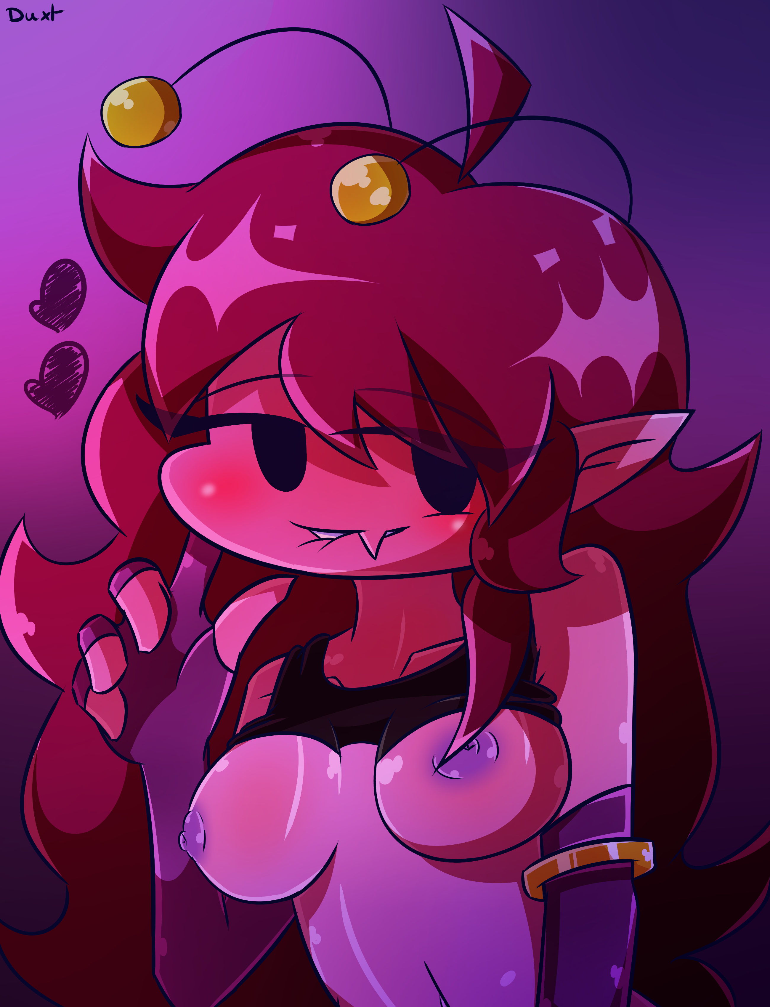 1girls, antennae, biting lip, black shirt, blush, breasts, burgundy hair, clothed, clothed female, clothed/nude, clothes, clothing, duxt, excited, female, female focus, female only, fnf mods, fnf starcatcher, friday night funkin, friday night funkin mod, girlfriend (friday night funkin), gloves, horny, horny female, long hair, maroon hair, nipples, pink body, pink breasts, pink skin, purple body, purple breasts, purple gloves, purple skin, shirt lift, shirt up, starcatcher gf (heartlocket)