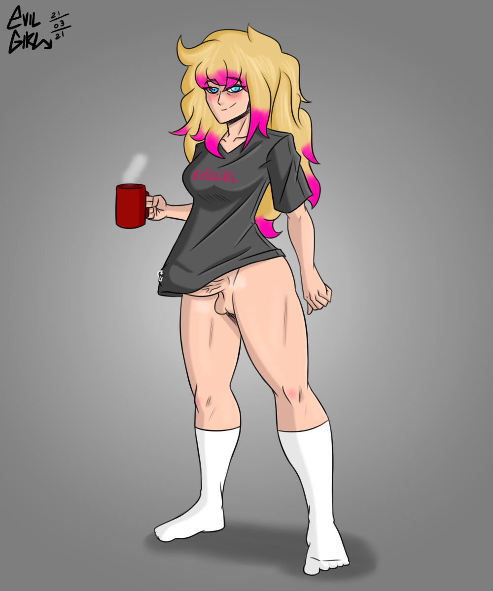 1futa, balls, big breasts, big penis, blonde hair, blue eyes, bottomless, breasts, clothed, clothing, coffee, coffee cup, erection under clothes, evilgirl, futa focus, futa only, futanari, grey background, human, intersex, long hair, pale skin, partially clothed, penis, pink hair, precum, precum through clothing, smile, socks, solo, standing, steam, yellow hair