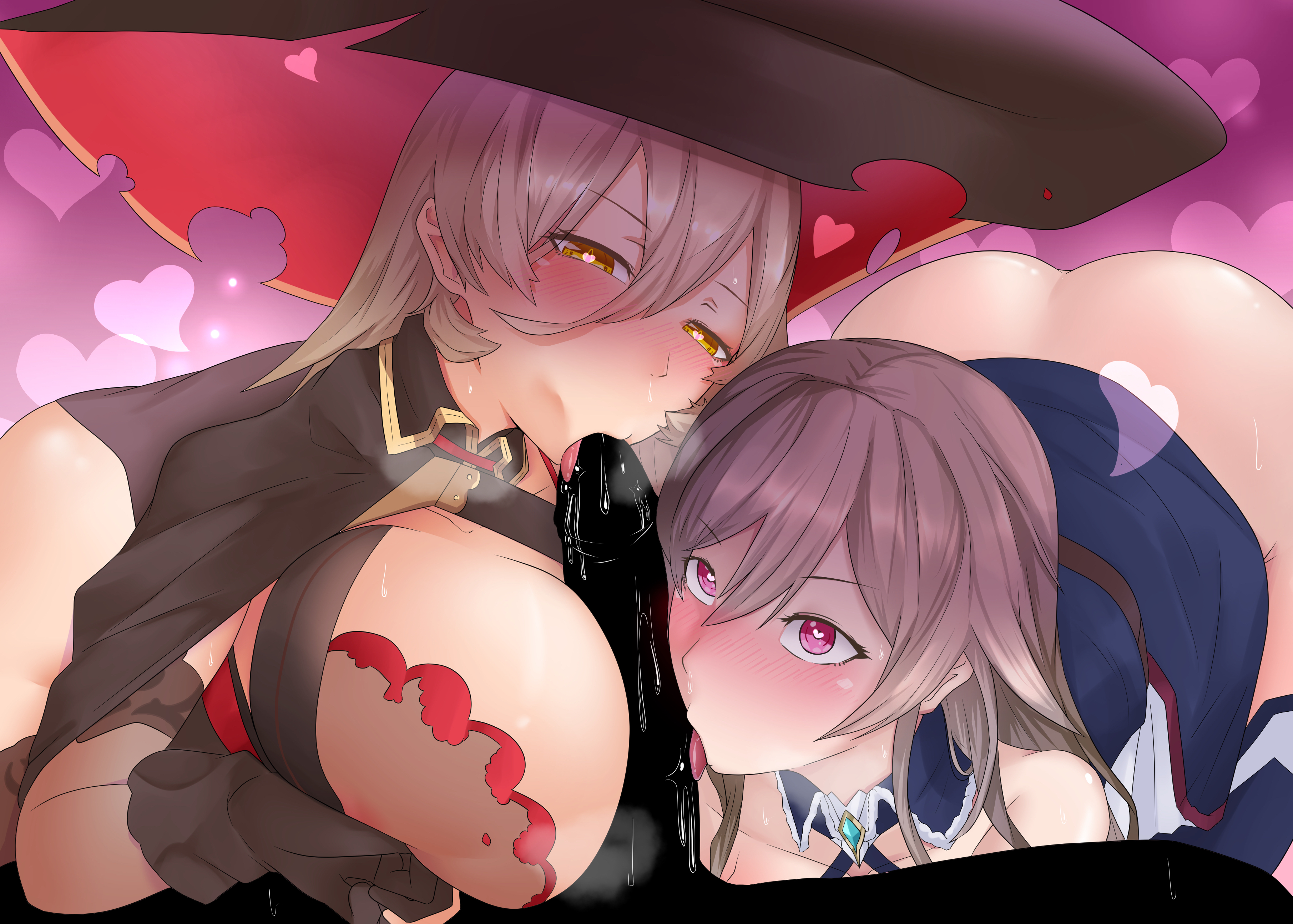 2girls, ass, big ass, big breasts, breasts, collaborative fellatio, female, furen e lustario, heart-shaped pupils, kahun9893, large breasts, male, multiple females, multiple girls, nijisanji, nipples, nui sociere, oral, paizuri, penis, penis lick, see-through, teamwork, unseen male face, virtual youtuber, witch hat