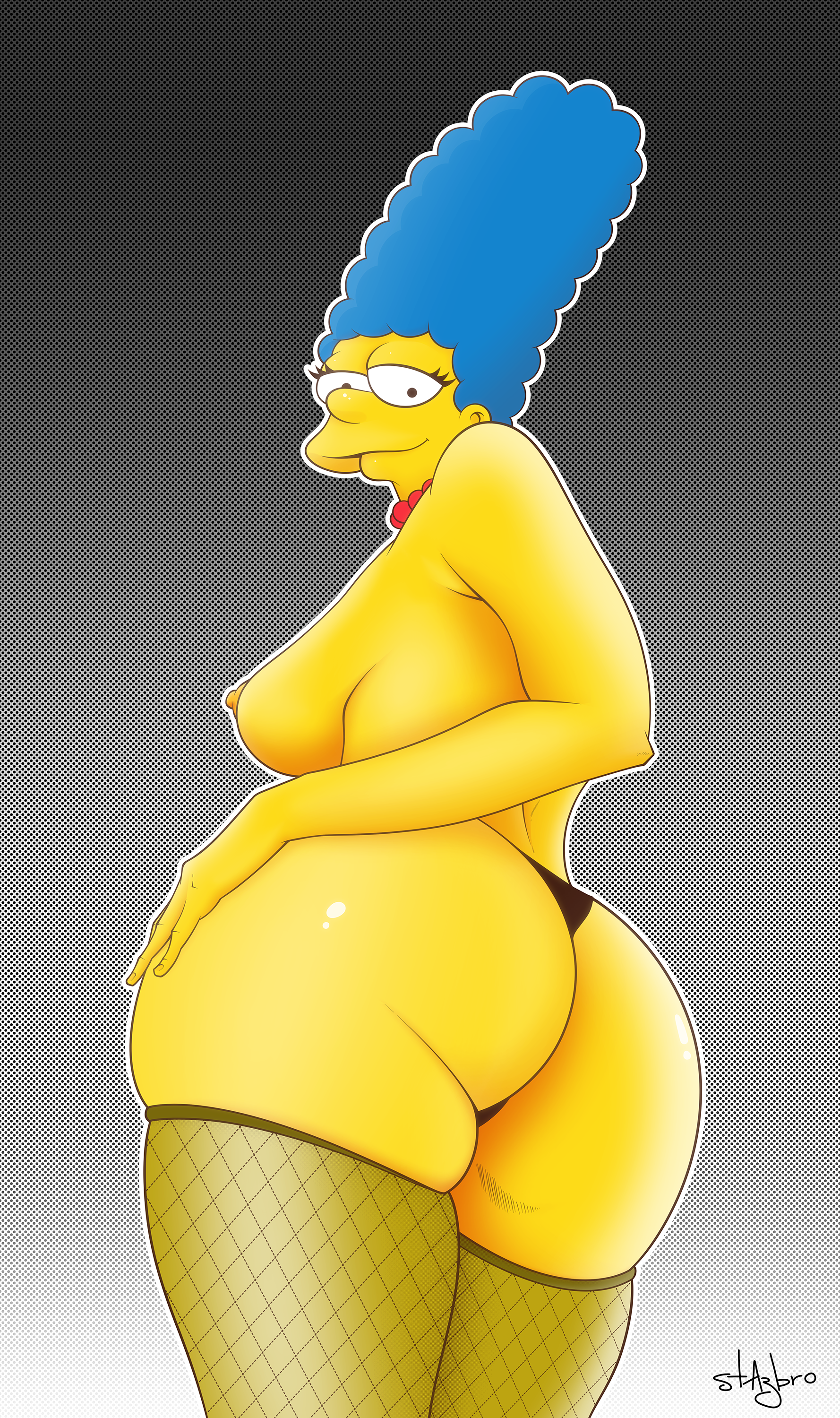 1girls, ass, ass focus, blue hair, female, marge simpson, solo, starbro, stazbro, tagme, the simpsons, thighhighs, topless, topless female, yellow skin