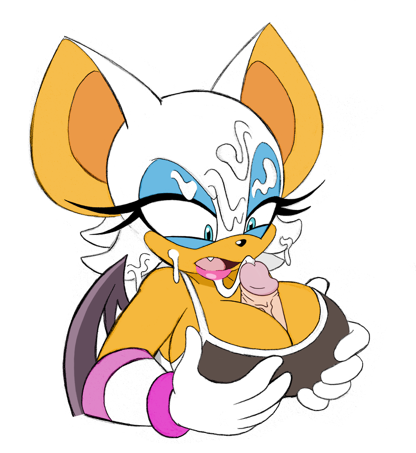 1boy, 1girls, alternate breast size, annoyed, anthro, bat, big breasts, big penis, blue eyes, blue eyeshadow, breasts, clothed paizuri, clothing, color, colored, colored sketch, cum, cum between breasts, cum on face, cum on lips, edit, ejaculation, ejaculation between breasts, elbow gloves, eyelashes, eyeshadow, faceless character, faceless human, faceless male, fang, female, female focus, furry, gloves, holding breast, holding breasts, human, human on anthro, interspecies, large breasts, light skin, light-skinned male, lips, lipstick, looking at penis, male, male/female, mammal, omegasunburst, open mouth, paizuri, paizuri under clothes, penis, penis between breasts, rouge the bat, rouge the rider, sega, sketch, sonic (series), sonic riders, straight, tan, tan body, tan skin, tank top, teal eyes, veiny penis, white background, white fur, wings
