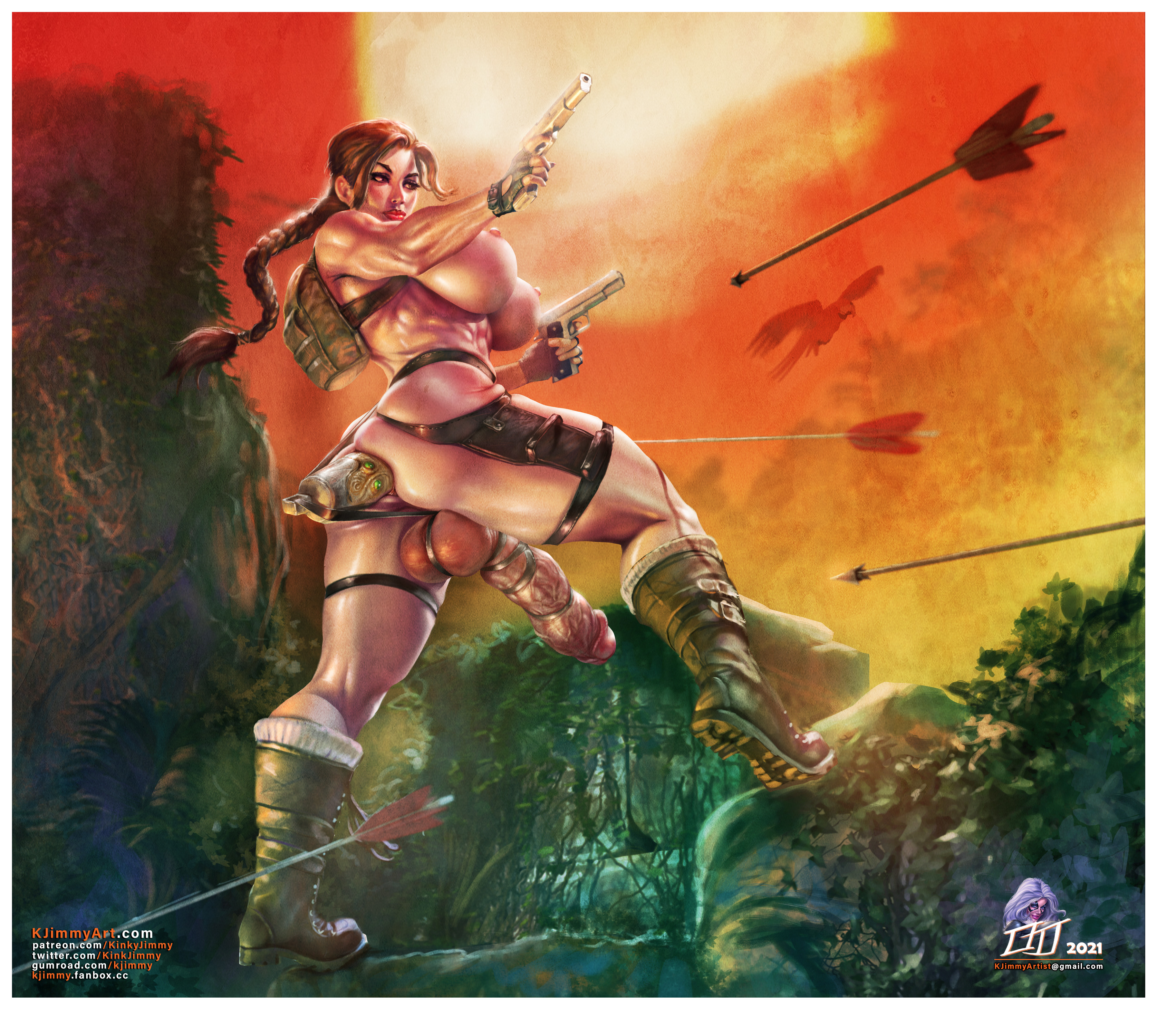 1futa, areolae, arrow, ass, backsack, bag, balls, ballsack, belt, breasts, casual, casual exposure, casual nudity, clothing, curvy, dickgirl, dildo in ass, erect nipples, erection, fight, firearm, footwear, futa only, futa sans pussy, futanari, gun, handgun, handwear, huge ass, huge breasts, human, hyper, hyper balls, hyper penis, intersex, kinkyjimmy, lara croft, lara croft (classic), mostly nude, naked, nipples, no eyewear, only, penis, precum, precum drip, realistic, tactical nudity, taint, thick penis, thick thighs, tomb raider, tomb raider (classic), weapon, wide hips