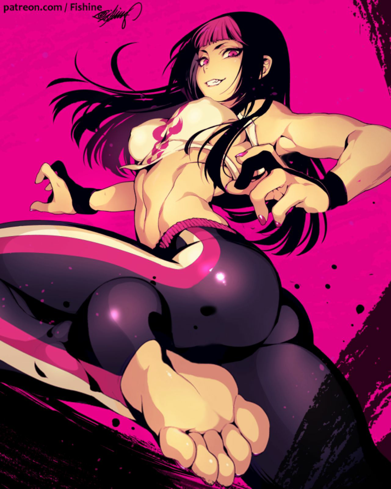 ass, big ass, big butt, bracelet, breasts, colored, feet, female, fishine, flat belly, juri han, long hair, looking at viewer, medium breasts, oerba yun fang, painted nails, pink background, pink eyes, smile, sportswear, street fighter, strong, thick thighs, two-tone hair