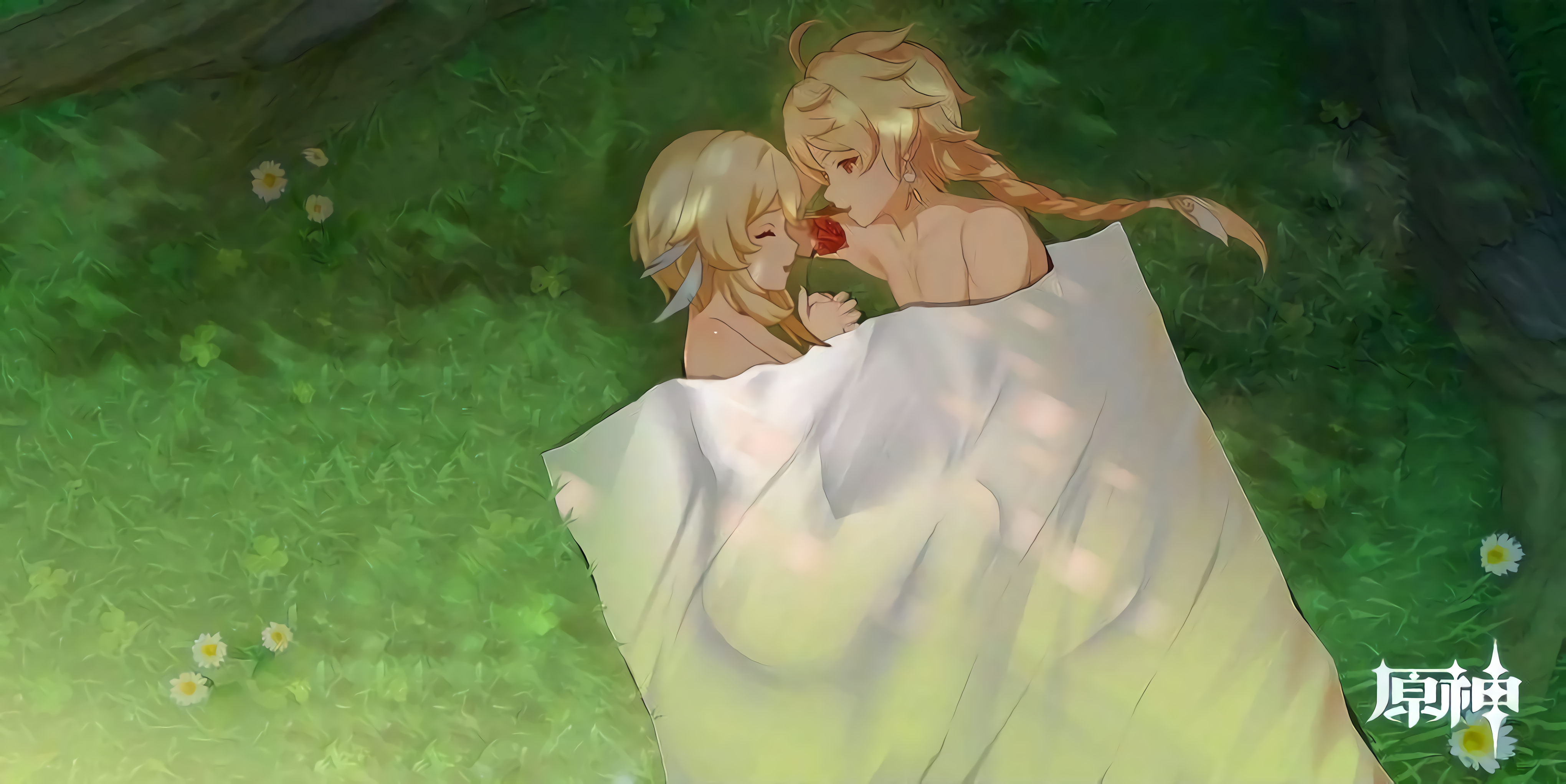 1boy, 1girls, 3d, aether (genshin impact), blanket, blushing at partner, braid, brother and sister, casual, edit, eyes closed, female, flower, genshin impact, grass, happy, hetero, hi res, hoyoverse, implied incest, incest, lumine (genshin impact), lying, male, male and female focus, mihoyo, nude, nude female, nude male, outdoors, siblings, smile, straight, twincest, twins, wholesome