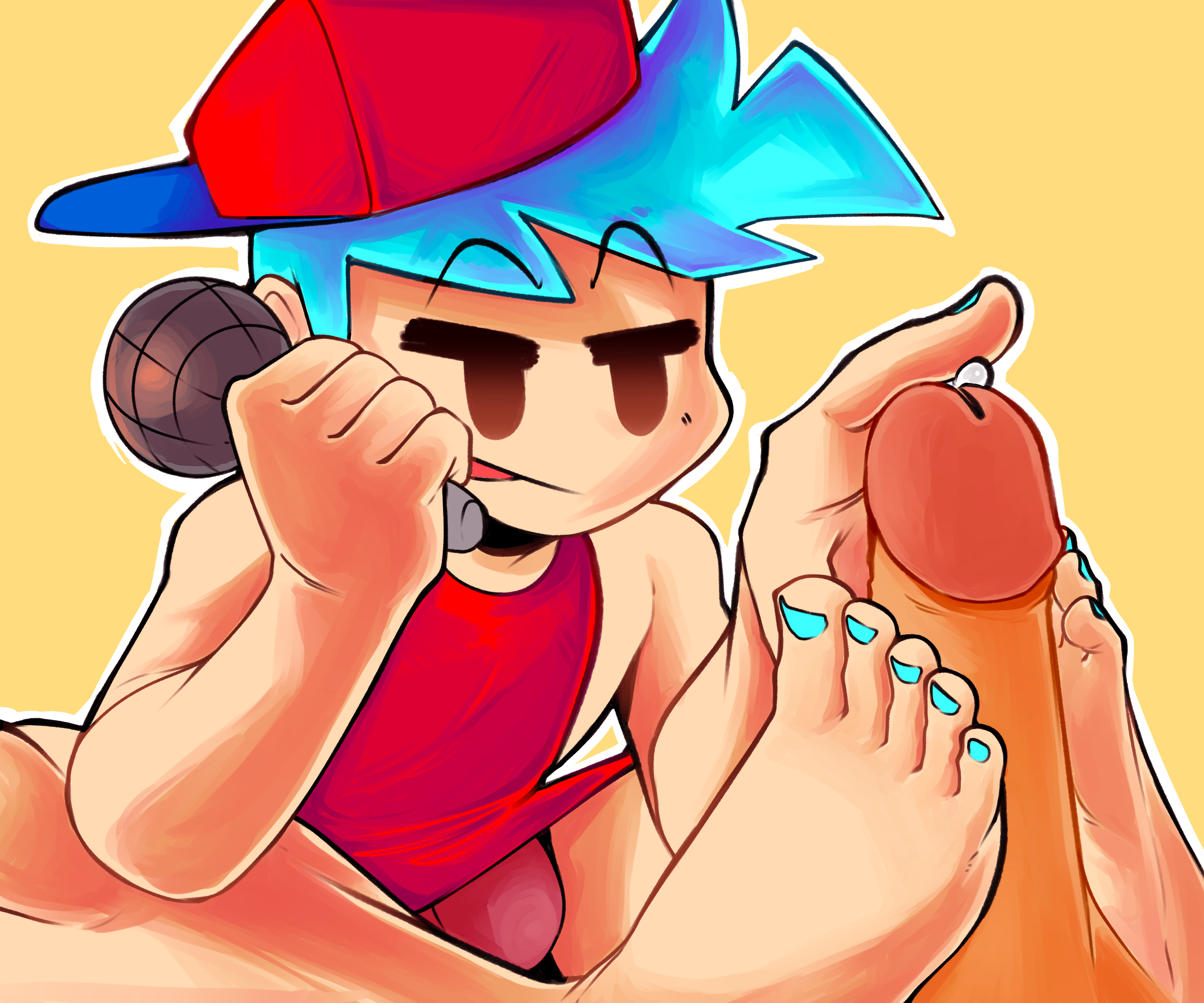 2boys, barefoot, blue hair, blue nails, boyfriend (friday night funkin), cap, crossdressing, dress, feet, femboy, foot fetish, footjob, friday night funkin, gay, highres, male, male only, microphone, nail polish, panties, penis, precum, red dress, red panties, short hair, tinsay (artist), toes, yaoi, yellow background