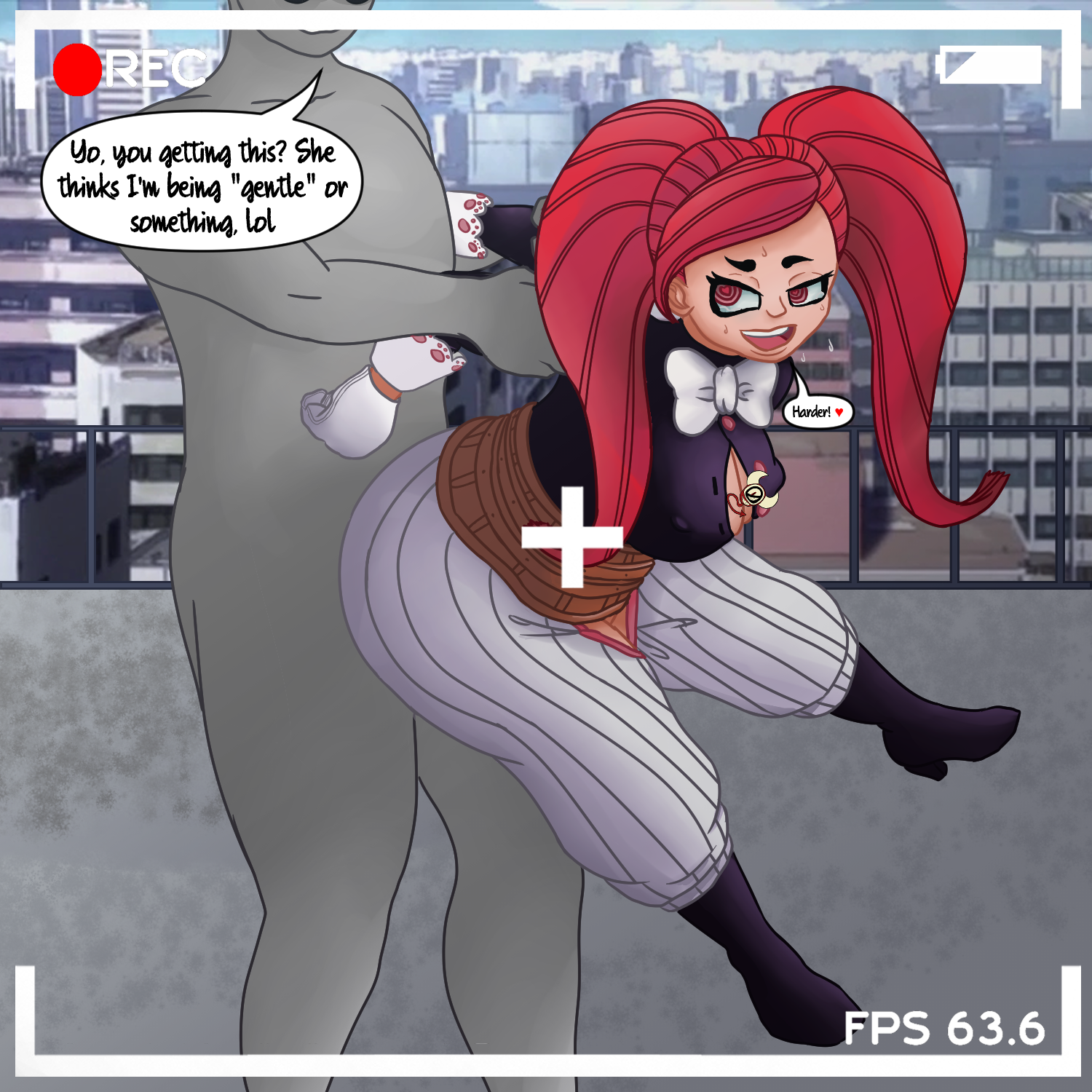 1boy, 1girls, aiba manami, anon, ass, big ass, big breasts, breasts, cleavage, english text, female, heart, heart-shaped pupils, implied sex, la brava (my hero academia), looking pleasured, male, mind control, my hero academia, only0neman, outdoors, outside, recording, shortstack, sweat, tagme, tears, text, thick thighs