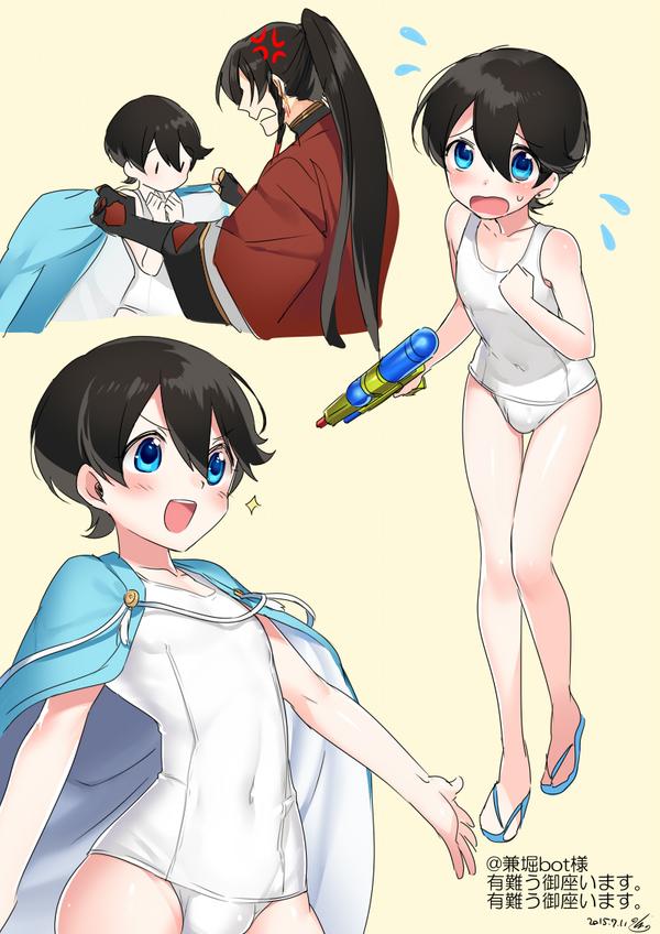 2boys age_difference anger_vein ashamed bare_shoulder black_hair cape crossdressing femboy flip-flops hands_on_chest hebino_rai horikawa_kunihiro izuminokami_kanesada japanese_clothes knees_together_feet_apart long_hair one-piece_swimsuit open_arms ponytail short_hair squirt_gun standing swimsuit touken_ranbu water_gun water_pistol