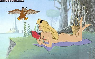 aerisdies aurora_(sleeping_beauty) blonde_hair breasts disney disney_princess female female_only forest laying_down laying_on_stomach legs long_hair nipples nude owl princess royalty sleeping_beauty_(1959_film)