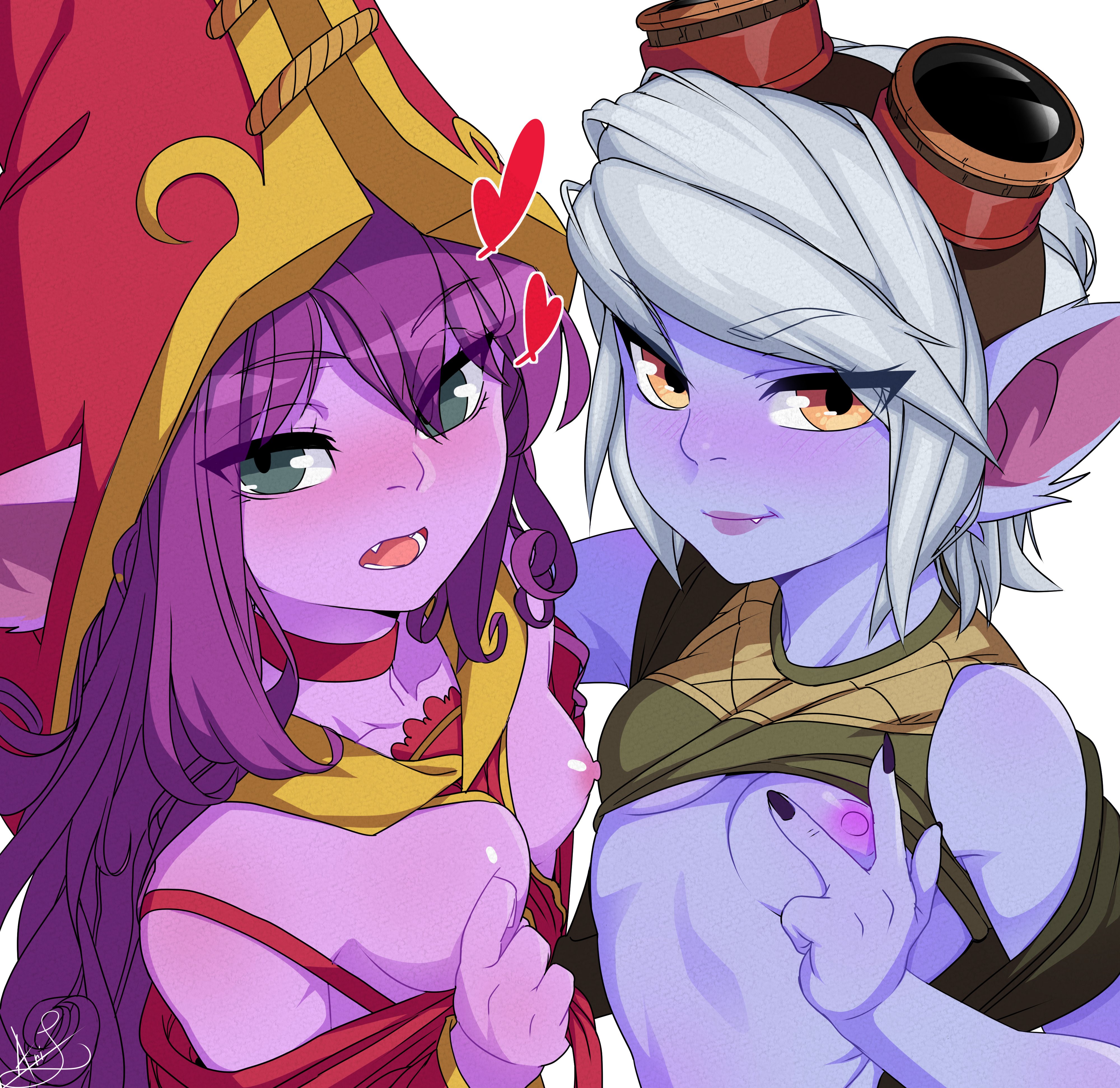2girls, ariel lopez, big ears, blue skin, blush, breasts, female, female focus, female only, green eyes, league of legends, looking at viewer, lulu the fae sorceress, multiple females, multiple girls, nipples, partially clothed, pointy ears, purple hair, purple skin, riot games, small breasts, tristana, white hair, yellow eyes, yordle