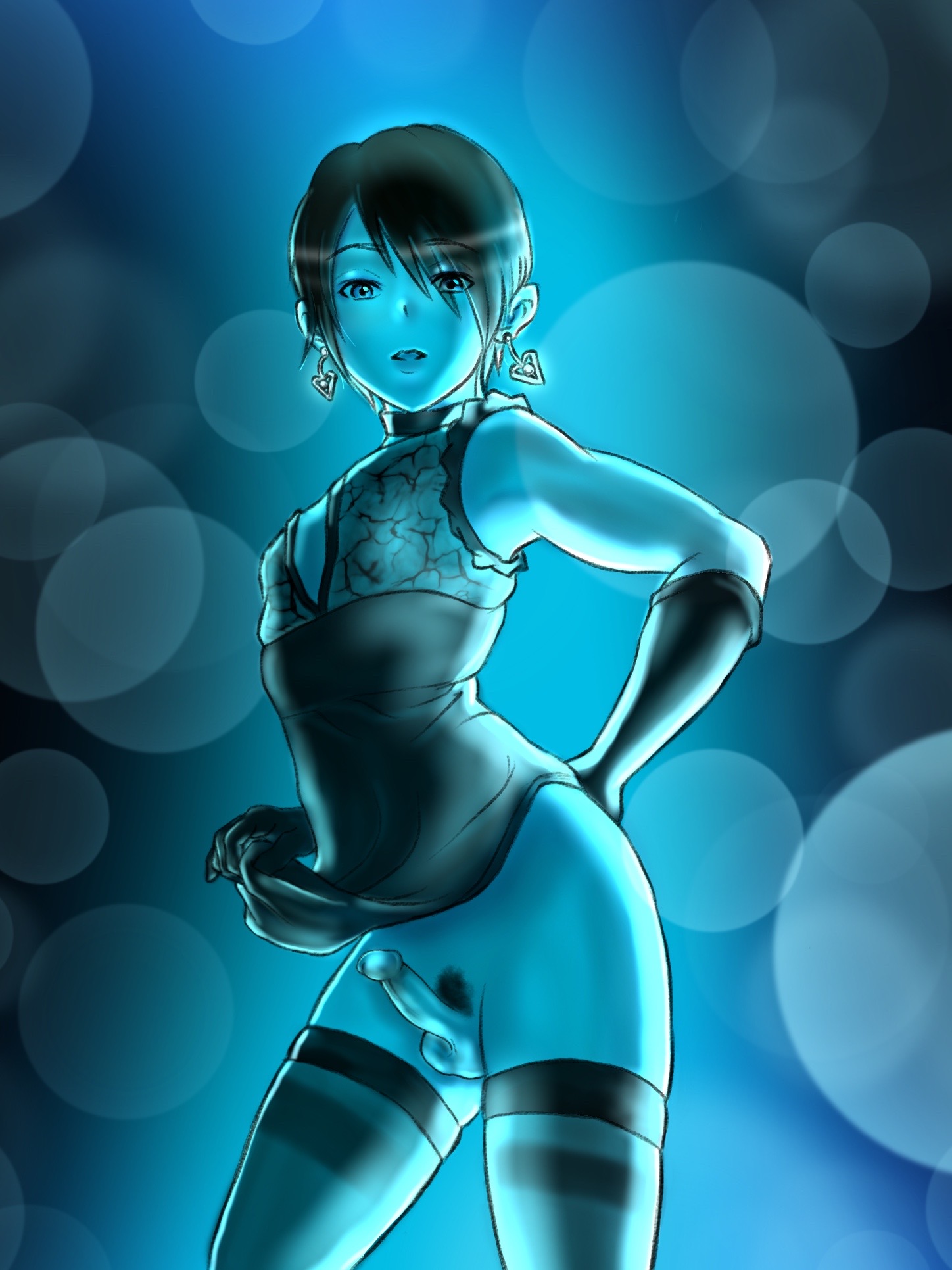 1boy, armwear, ashihiroya, black armwear, black legwear, black stockings, crossdressing, cute male, dress, dress lift, dress pull, earrings, eyebrows, eyebrows visible through hair, femboy, girly, legwear, looking at viewer, male, no panties, original, original character, pubic hair, standing, stockings, trap