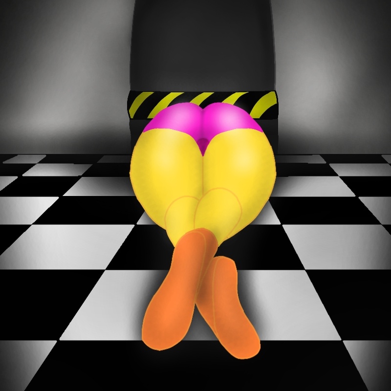 1girls, 2021, avian, avian feet, avian humanoid, chicken, crossed legs, female, five nights at freddy's, five nights at freddy's 2, fnaf, legs crossed, panties, pink panties, solo, solo female, stuck, stuck in wall, toy chica (fnaf), wet panties, yellow skin