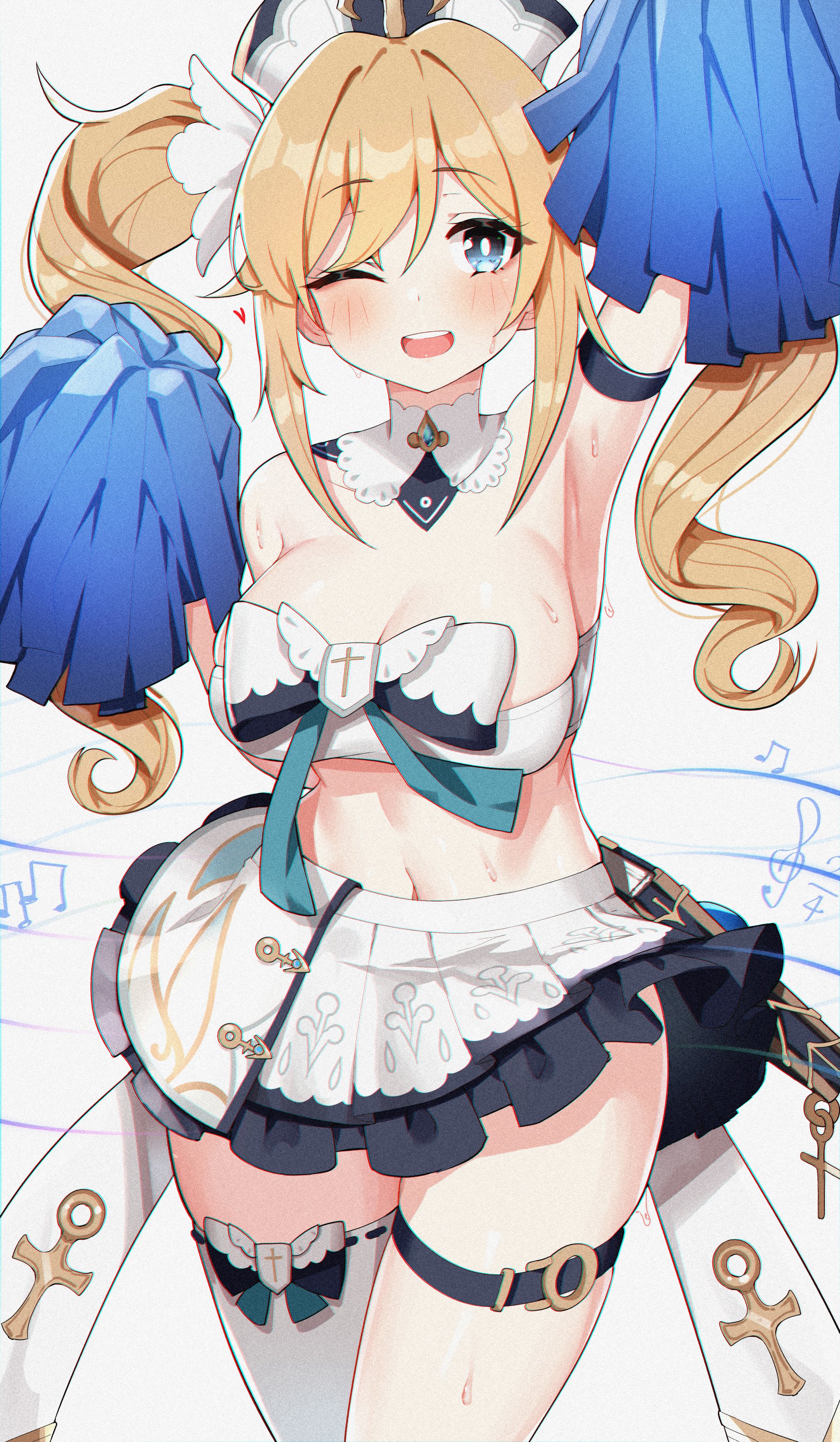 1girls, barbara (genshin impact), big breasts, blonde hair, blue eyes, breasts, cheerleader, cheerleader uniform, cleavage, female, female only, genshin impact, nun, pom poms, skirt, smile, thighhighs, twintails, w.k