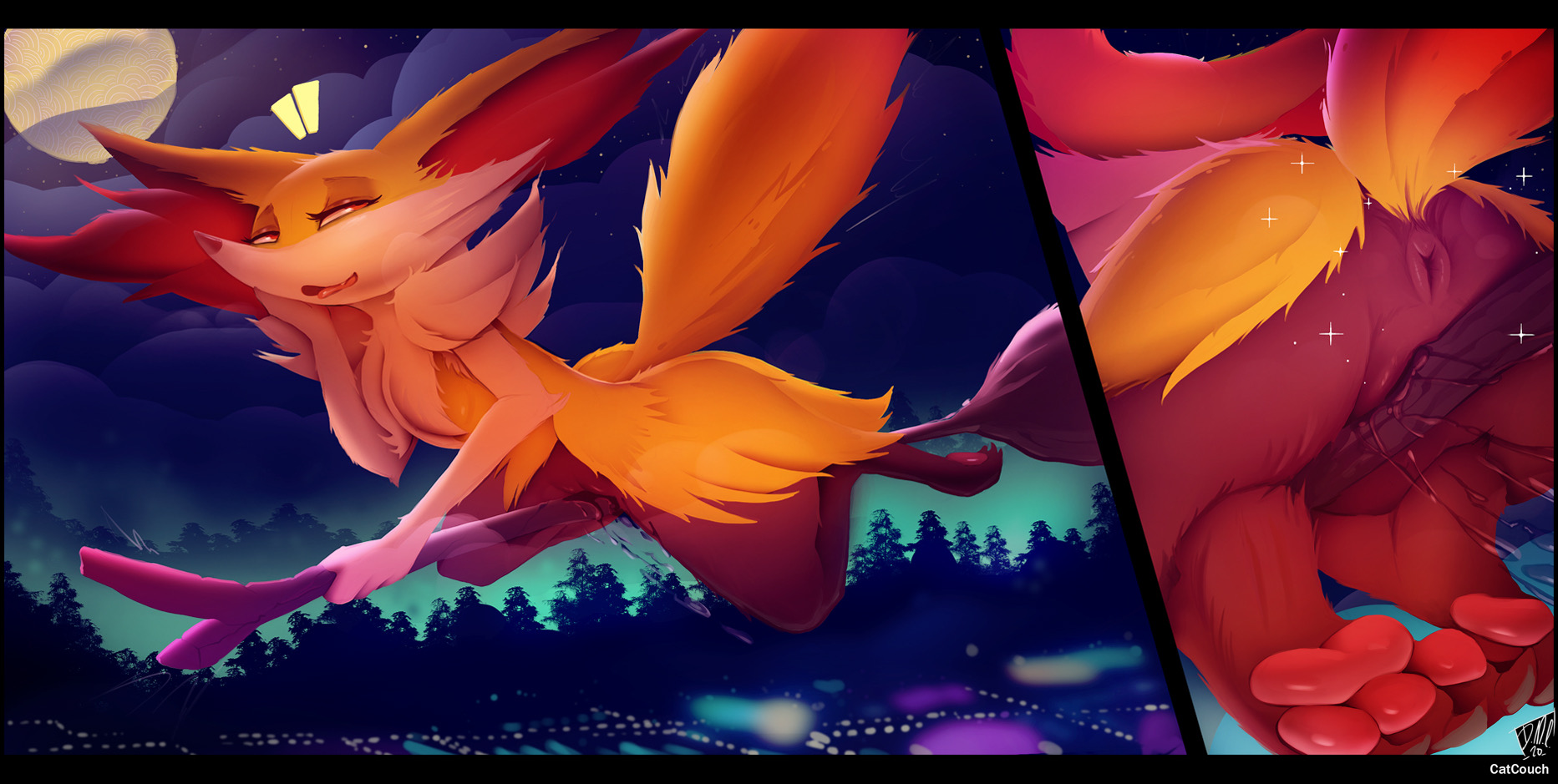 anus, bottomless, braixen, breasts, broom, broomstick, catcouch, female, flying, fur, furry, pokémon (species), pokemon, pokemon (species), pokemon xy, pussy, pussy juice, rubbing pussy, small breasts
