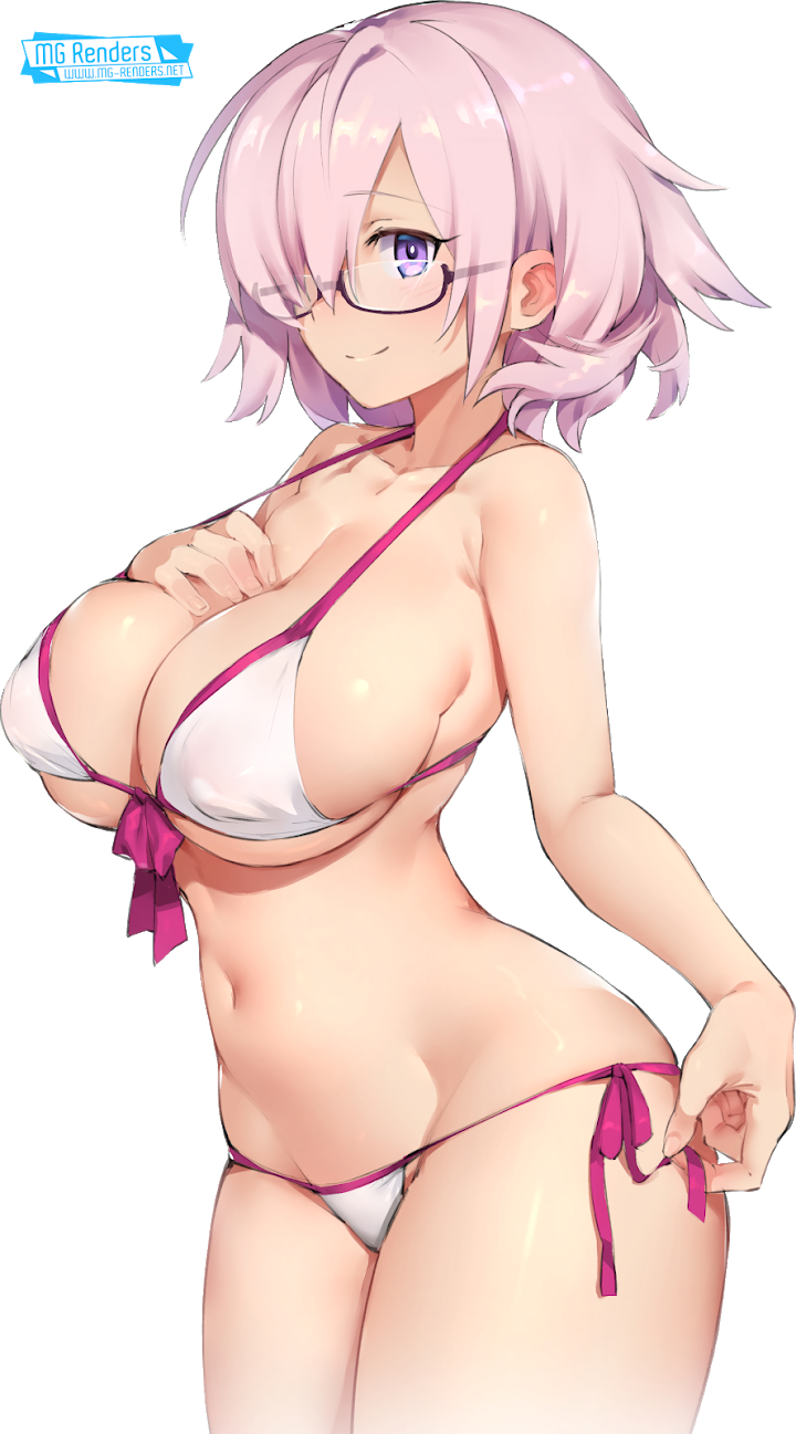 breast_grab bursting_breasts fate_(series) glasses huge_breasts mash_kyrielight mg_renders pink_hair purple_eyes short_hair swimsuit thick_thighs transparent_background