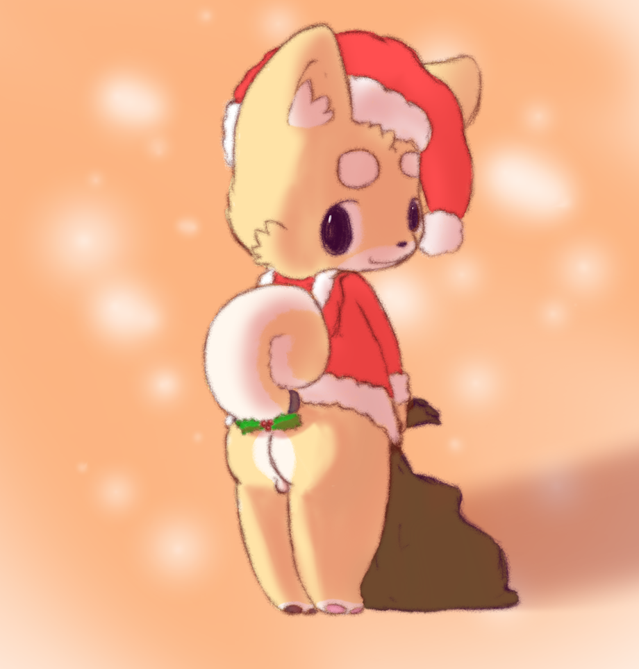 bag balls black_eyes brown_bag butt cub mistletoe multicolored_pawpads myrotiggy orange_background santa_costume santa_hat santa_suit shiba_inu snow tail tiggy_(myrotiggy)