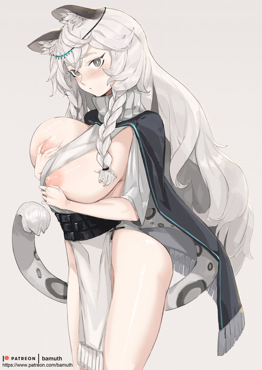 animal_ear_fluff animal_ears arknights artist_name bamuth belt black_capelet blush breasts bright_pupils capelet female grey_eyes hand_on_own_chest head_chain highres jewelry large_breasts leopard_ears leopard_girl leopard_tail long_hair looking_at_viewer multiple_belts nipples pelvic_curtain pramanix_(arknights) side_braids silver_hair solo tail thick_eyebrows turtleneck unaligned_breasts white_pupils