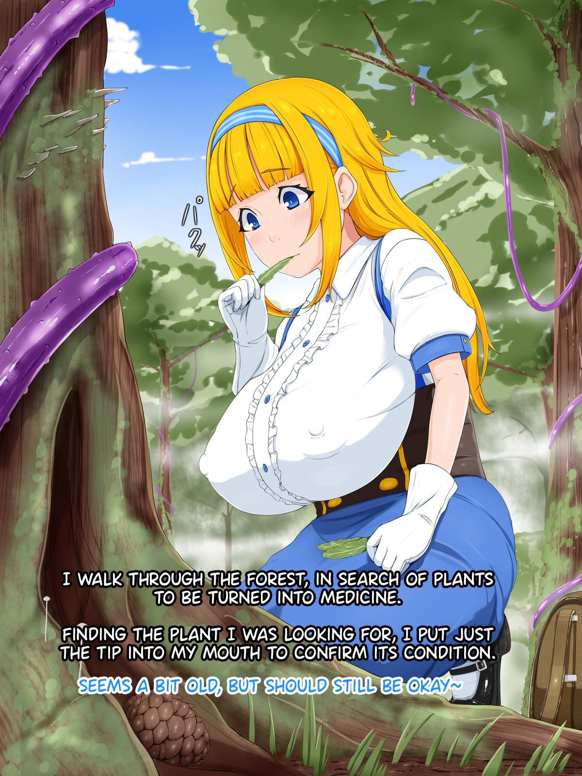 big breasts, blonde hair, breasts, carrot caramel batake, clothing, english text, female, forest, large breasts, long hair, milf, outside