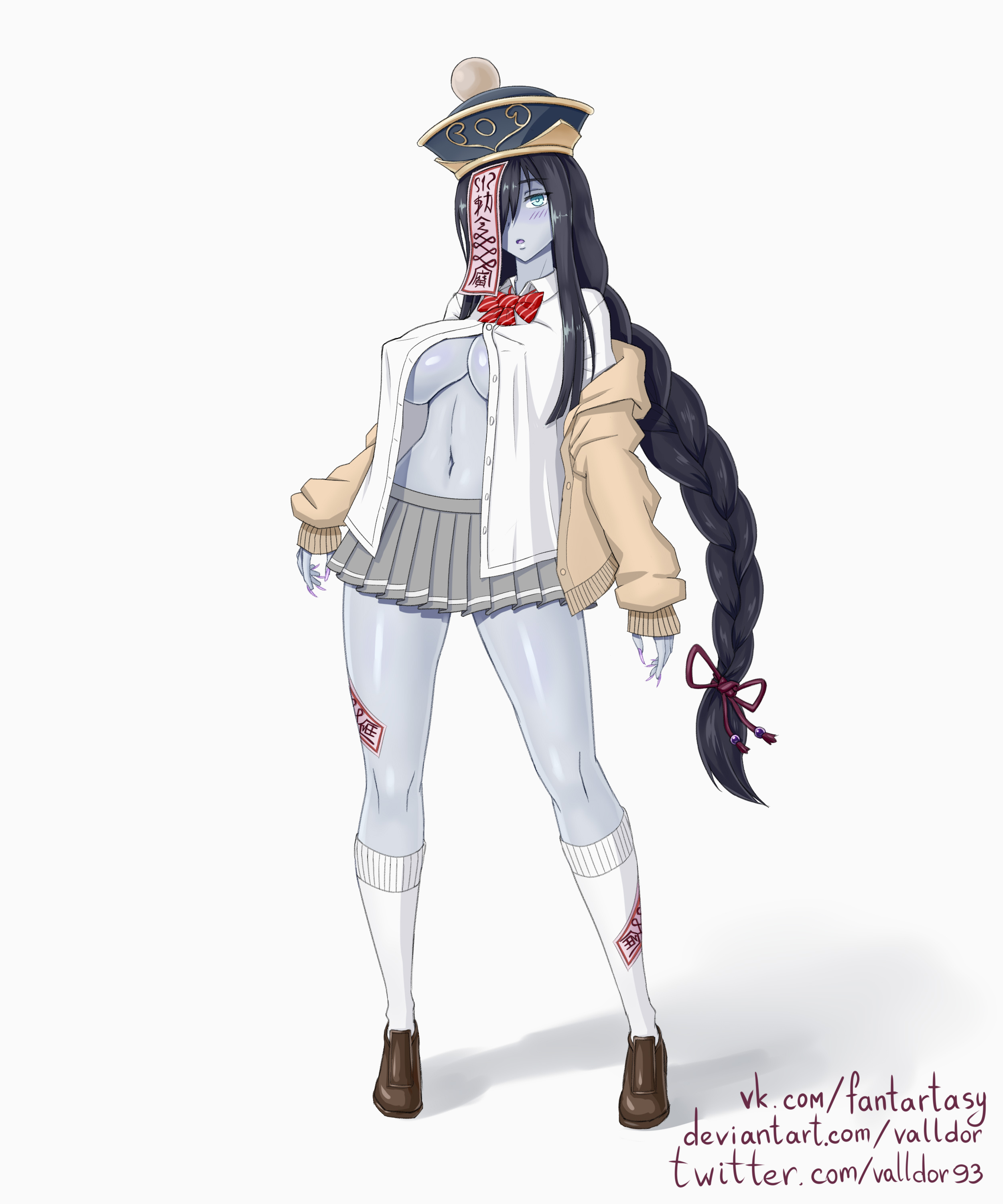 :o, absurdres, black hair, blush, bow, bowtie, braid, braided ponytail, breasts, brown footwear, cleavage, colored skin, covered erect nipples, female, full body, green eyes, grey skin, hat, highres, huge breasts, jacket, jiangshi, jiangshi (monster girl encyclopedia), large breasts, long hair, looking at viewer, monster girl encyclopedia, nipple bulge, ofuda, open clothes, open shirt, pleated skirt, qing guanmao, red neckwear, school uniform, shirt, sideboob, sidelocks, skirt, sleeves past wrists, socks, solo, standing, valldor, very long hair, white shirt, zombie