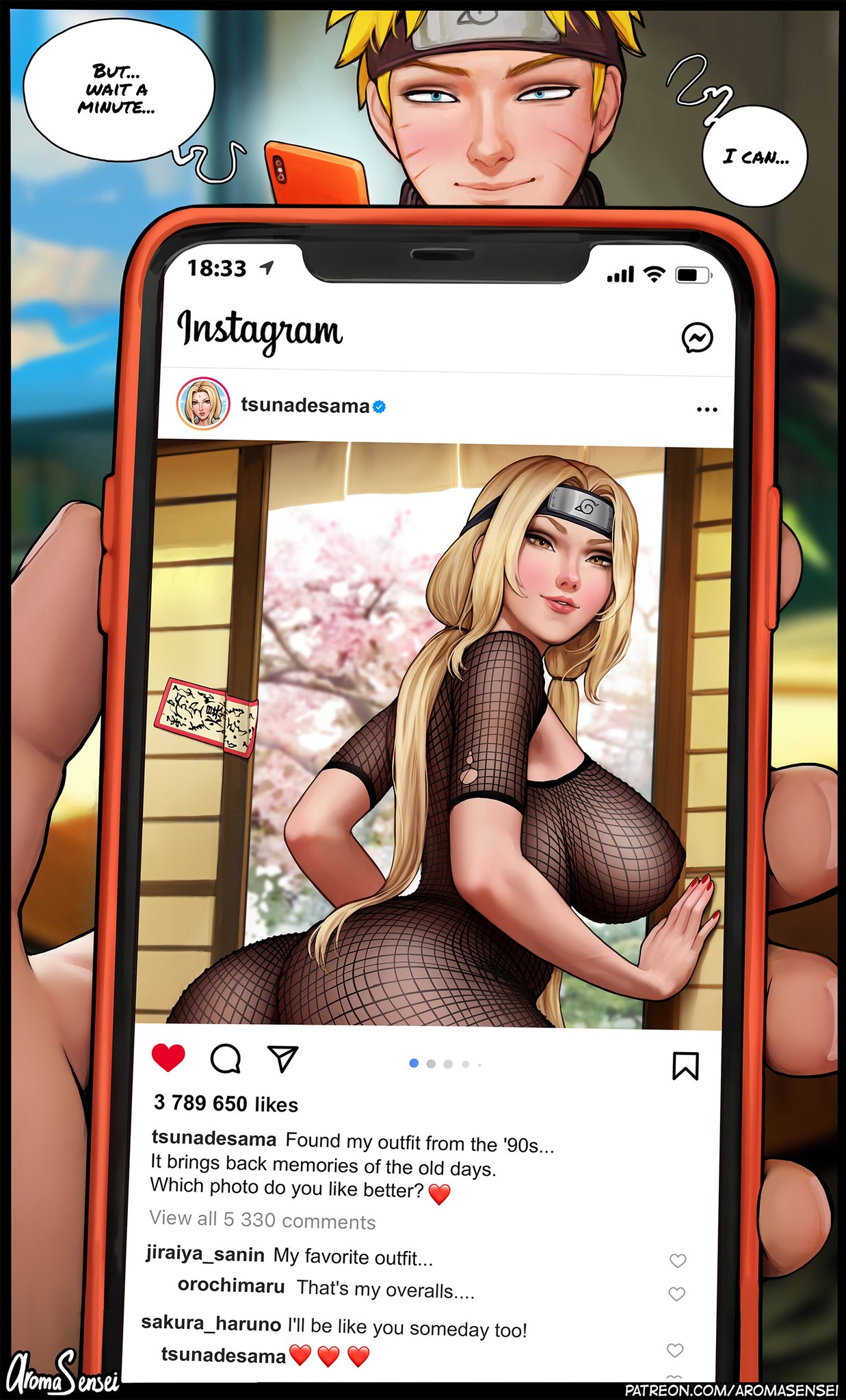 1boy, 1girls, alternate version available, aroma sensei, artist name, ass, big breasts, blonde hair, breasts, busty, cleavage, detailed background, dialogue, english text, female, fishnet bodysuit, fishnets, funny, hokage, hourglass figure, huge breasts, instagram, large breasts, legs, light skin, light-skinned female, lips, long hair, looking at viewer, lower body, male, naruto, naruto (series), naruto shippuden, phone, phone screen, platinum blonde hair, seductive, shounen jump, signature, speech bubble, text, thick legs, thick thighs, thighs, tsunade, upper body, uzumaki naruto, voluptuous