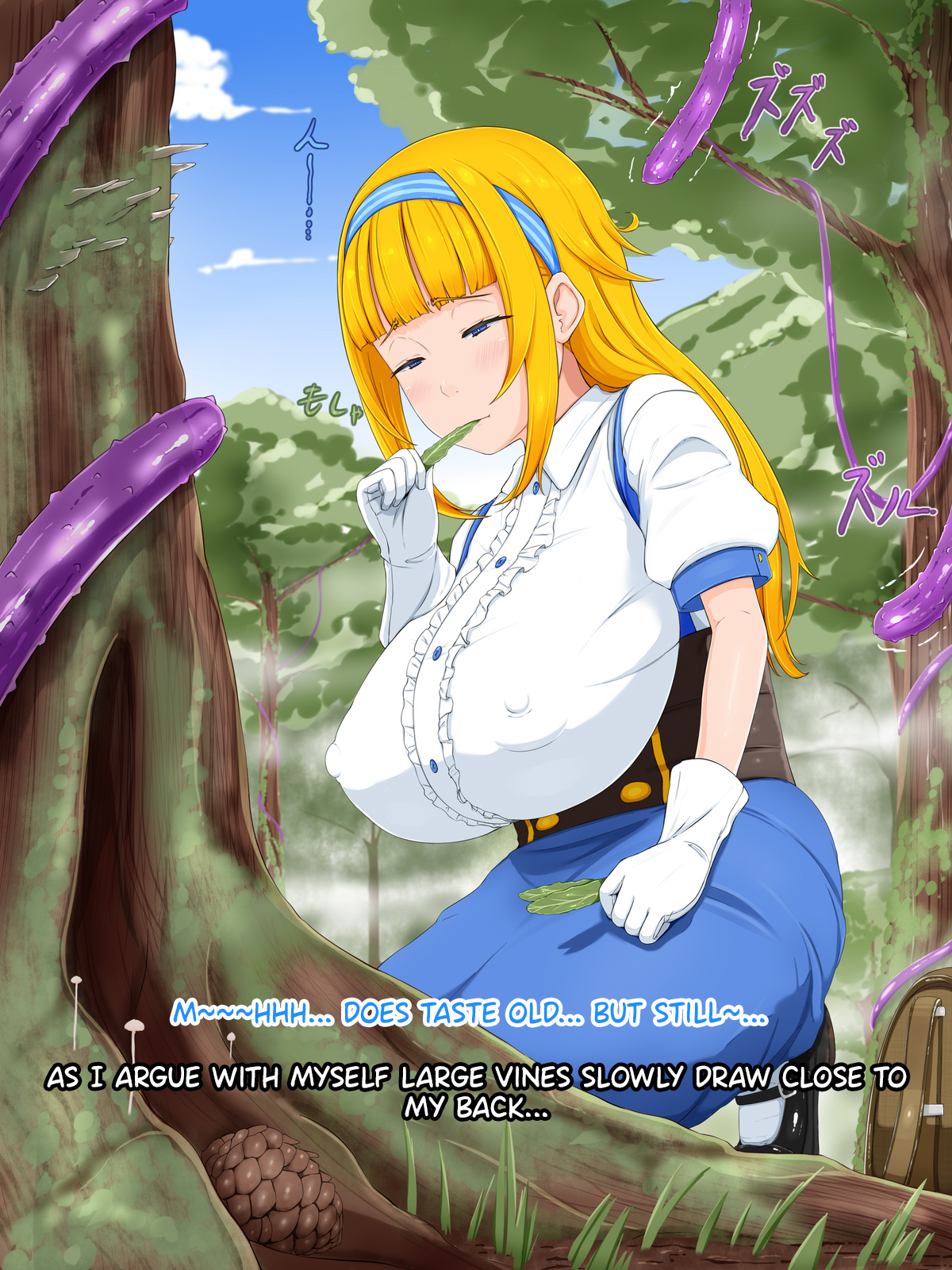 big breasts, blonde hair, breasts, carrot caramel batake, clothing, english text, female, forest, large breasts, long hair, milf, outside, tentacle, tentacles