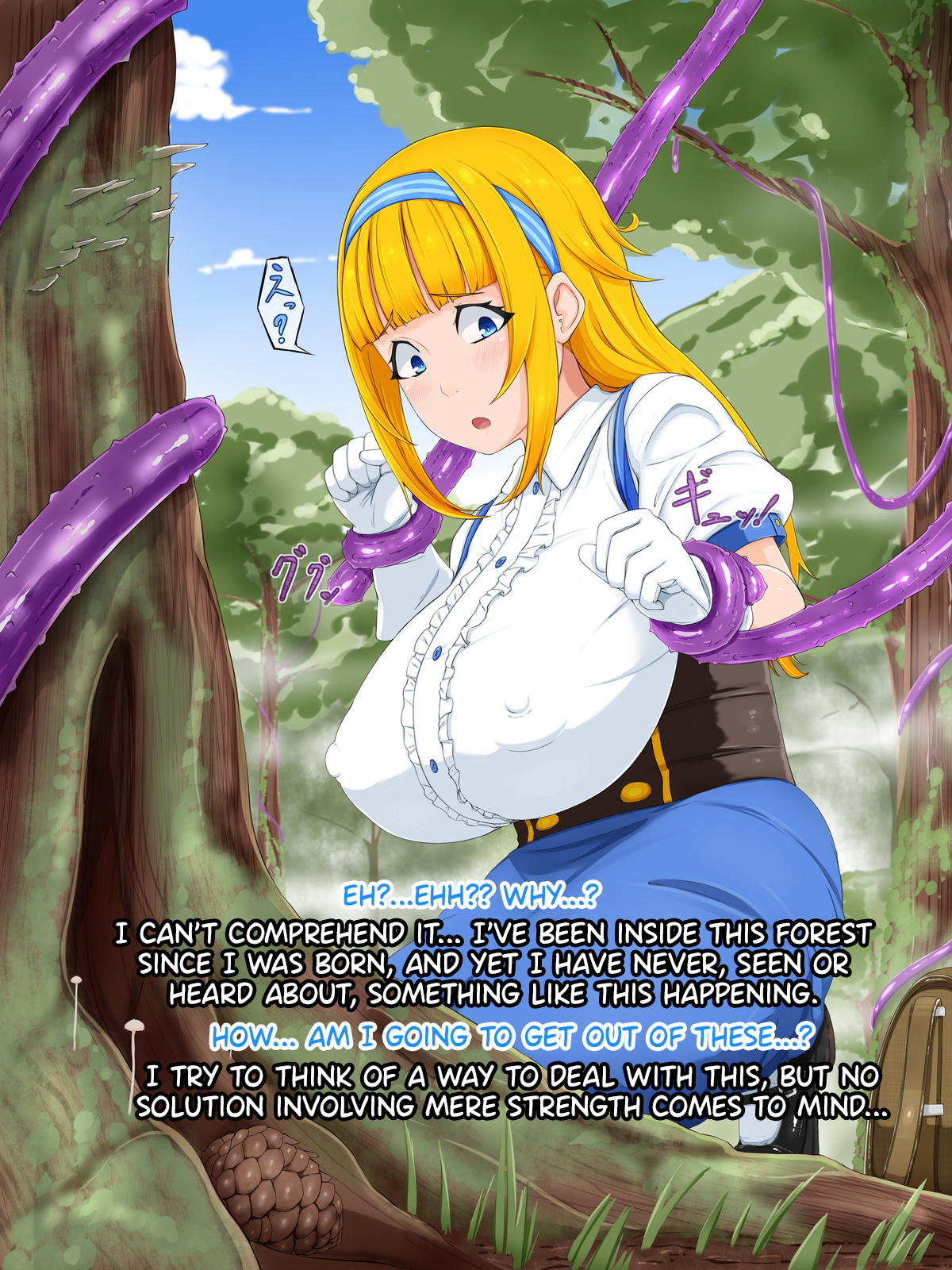 1girls, big breasts, blonde hair, blue eyes, blush, breasts, carrot caramel batake, clothing, english text, female, forest, large breasts, long hair, milf, nipple bulge, open mouth, outside, purple tentacles, restrained by tentacles, tentacle, tentacles around wrists, wide eyed