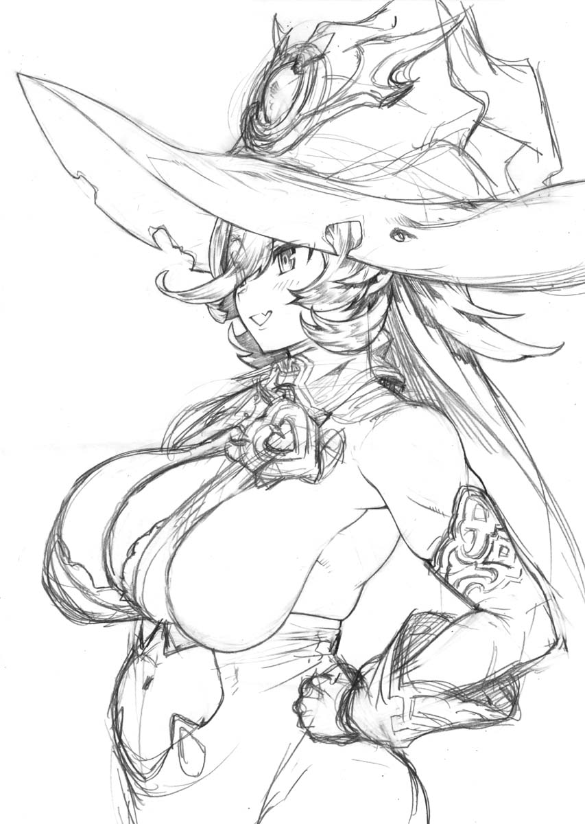 1girls blush character_request female hat huge_breasts i1lnoo3oaivaq8p monochrome plump sideboob smile smiling voluptuous witch_hat