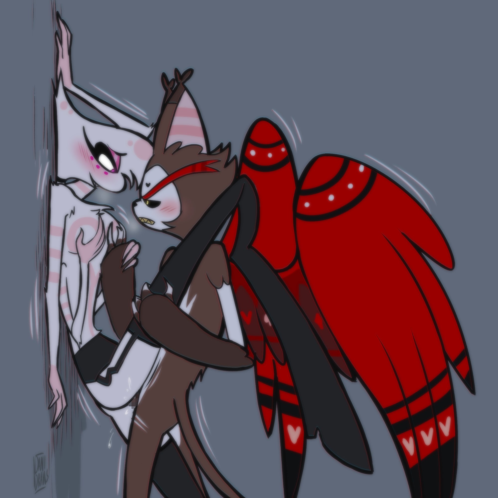 2boys, 4 arms, angel dust (hazbin hotel), blush, breasts, brown fur, demon, feline, garter belt, grabbing breasts, grabbing legs, grabbing own breast, hazbin hotel, husk (hazbin hotel), implied anal, implied sex, leaning on wall, leg on shoulder, looking at another, looking pleasured, male, male only, male penetrated, male penetrating, male/male, multi arm, multi limb, naked, spider, thighhighs, thighs, thrusting, thrusting into ass, vivienne medrano, white body, white hair, wings, yaoi