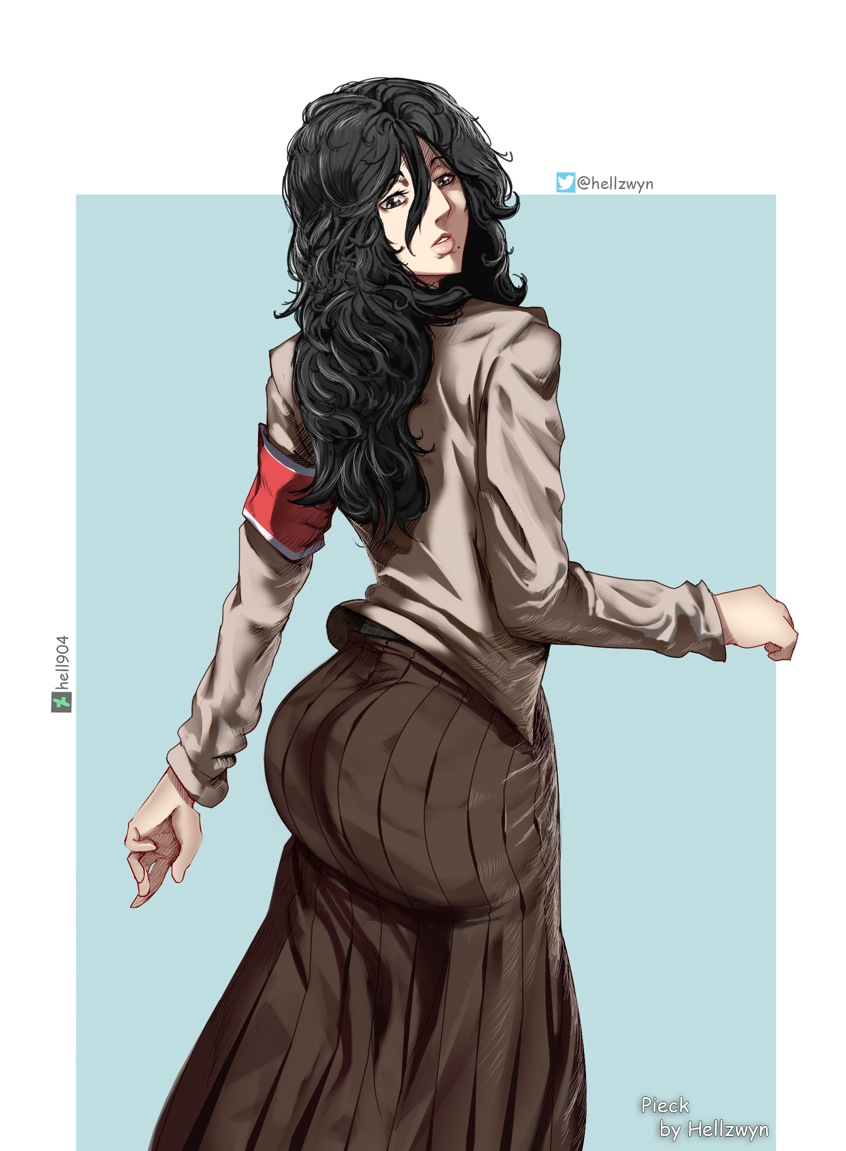 ass, attack on titan, bangs, big ass, black eyes, black hair, clothing, eye bags, female, hell904, long hair, long sleeves, military uniform, pale skin, pieck finger, shingeki no kyojin, solo