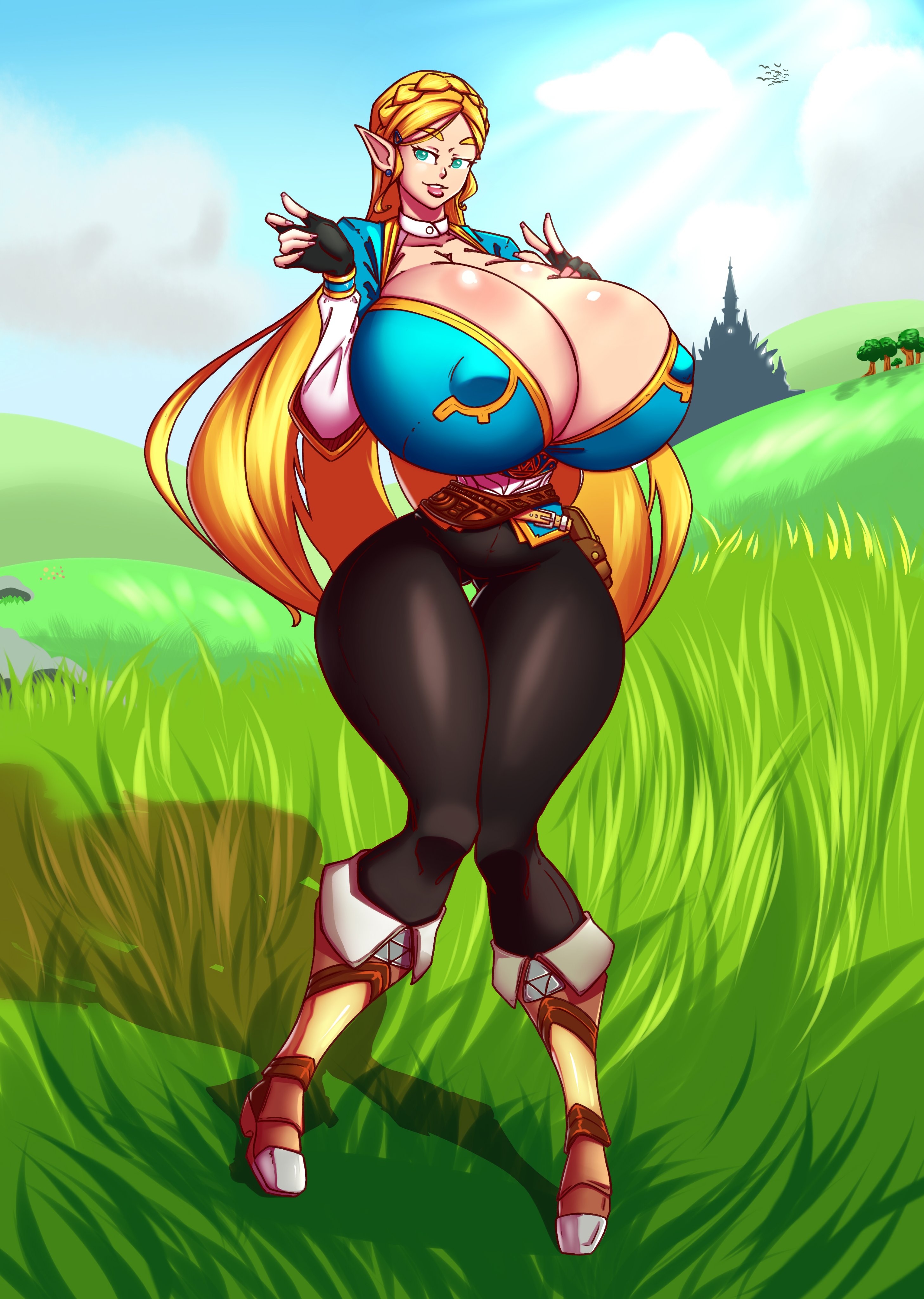 1girls, alternate breast size, big breasts, blonde hair, boob window, breasts, breasts bigger than head, breath of the wild, bursting breasts, cleavage, clothed, color, color edit, demigoddess, edit, female, female only, gigantic breasts, huge breasts, hylian, inner sideboob, knees together feet apart, long hair, n647, nintendo, nipple bulge, nipples visible through clothing, no bra, princess zelda, schnauzercito, smile, smiling, solo, the legend of zelda, thick thighs, thin waist, voluptuous, wasp waist, wide hips, zelda (breath of the wild)