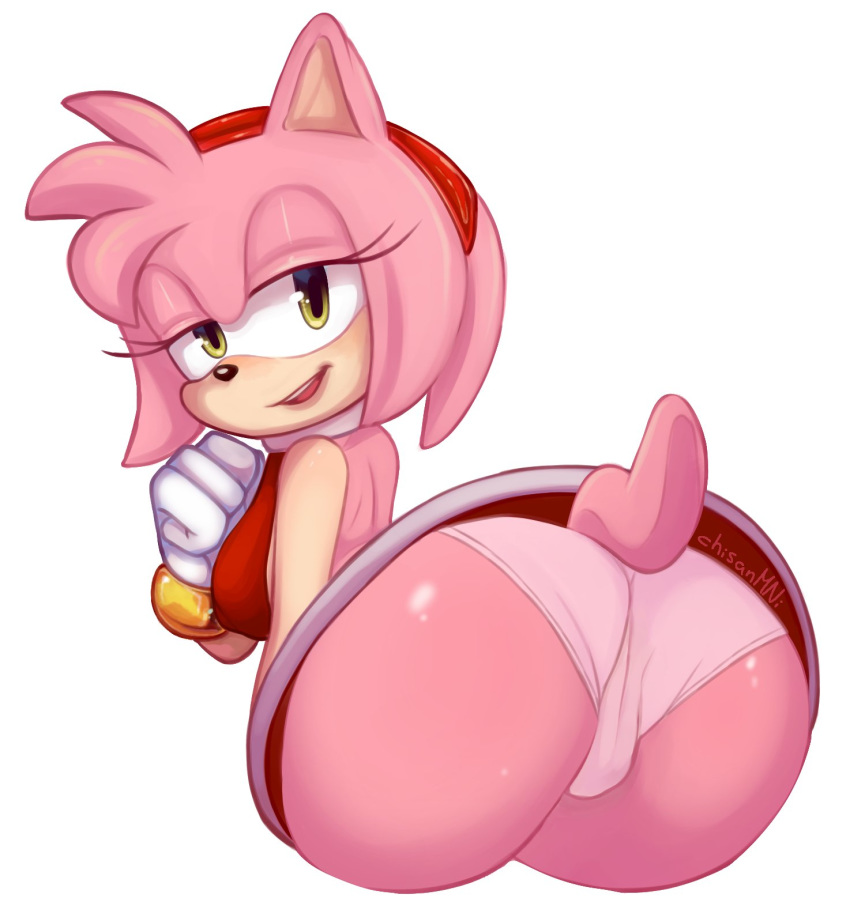 amy_rose anthro ass bent_over chisana clothed clothing eulipotyphlan female hedgehog hi_res looking_at_viewer mammal panties panty_shot simple_background solo sonic_(series) sonic_the_hedgehog_(series) underwear white_background yellow_eyes