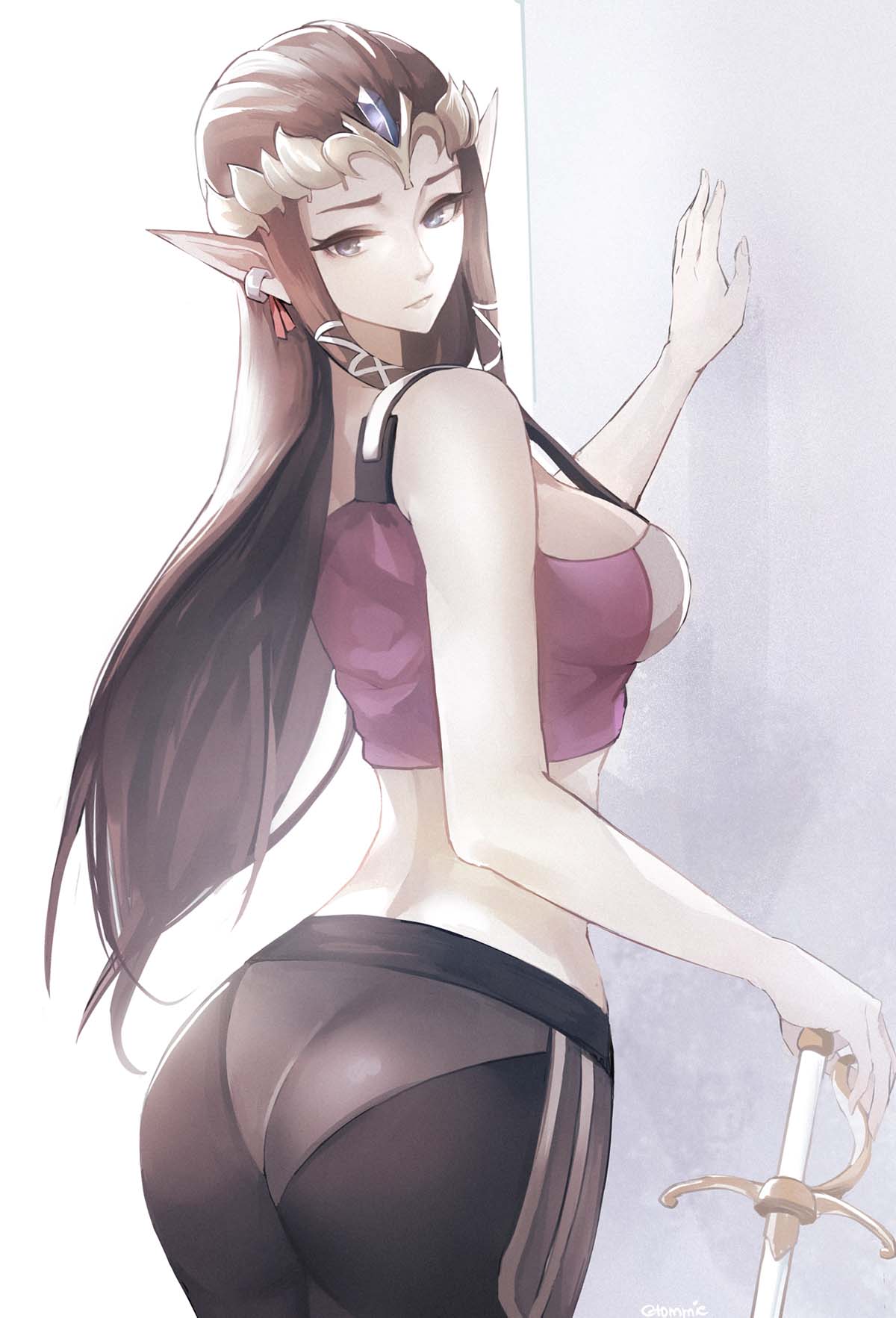 ass, big breasts, breasts, brown hair, female, fully clothed, leggings, long hair, looking at viewer, looking back, midriff, pointy ears, princess zelda, sideboob, sword, the legend of zelda, thick ass, tommy (kingdukeee), twilight princess, yoga pants, zelda (twilight princess)