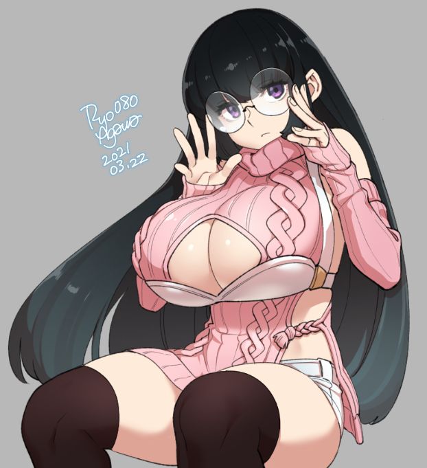 1girls, black hair, breasts, cleavage, cleavage cutout, clothing, female, female only, glasses, huge breasts, legwear, long hair, looking at viewer, purple eyes, ryo agawa, shorts, simple background, solo, very long hair