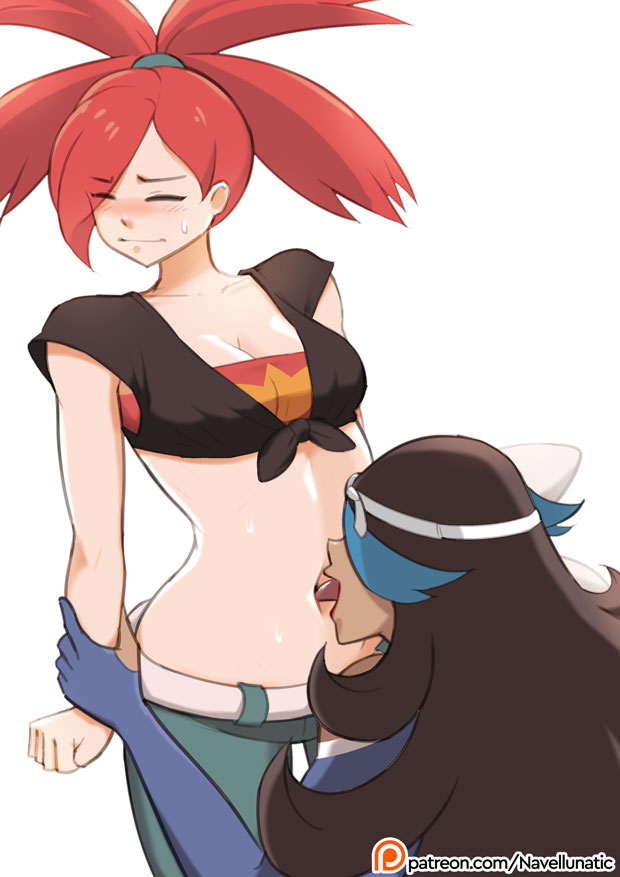 2girls black_hair blue_eyes blush breasts candela_(pokémon) cleavage clenched_hands clothed clothed_female crop_top dark-skinned_female dark_hair dark_skin denim female female_focus female_only flannery_(pokemon) flannery_(pokemon_oras) game_freak goggles gym_leader hair_over_one_eye human interracial interracial_yuri jeans light-skinned_female long_hair midriff multicolored_hair multiple_girls navel navel_fetish navel_insertion navel_licking navel_rim navellunatic nintendo pants pokemon pokemon_oras pokemon_rse ponytail red_eyes red_hair shelly_(pokemon) shelly_(pokemon_oras) shirt silvina_(pokémon) simple_background stomach sweatdrop team_aqua tied_shirt tongue tongue_insertion tongue_out tummy white_background yuri