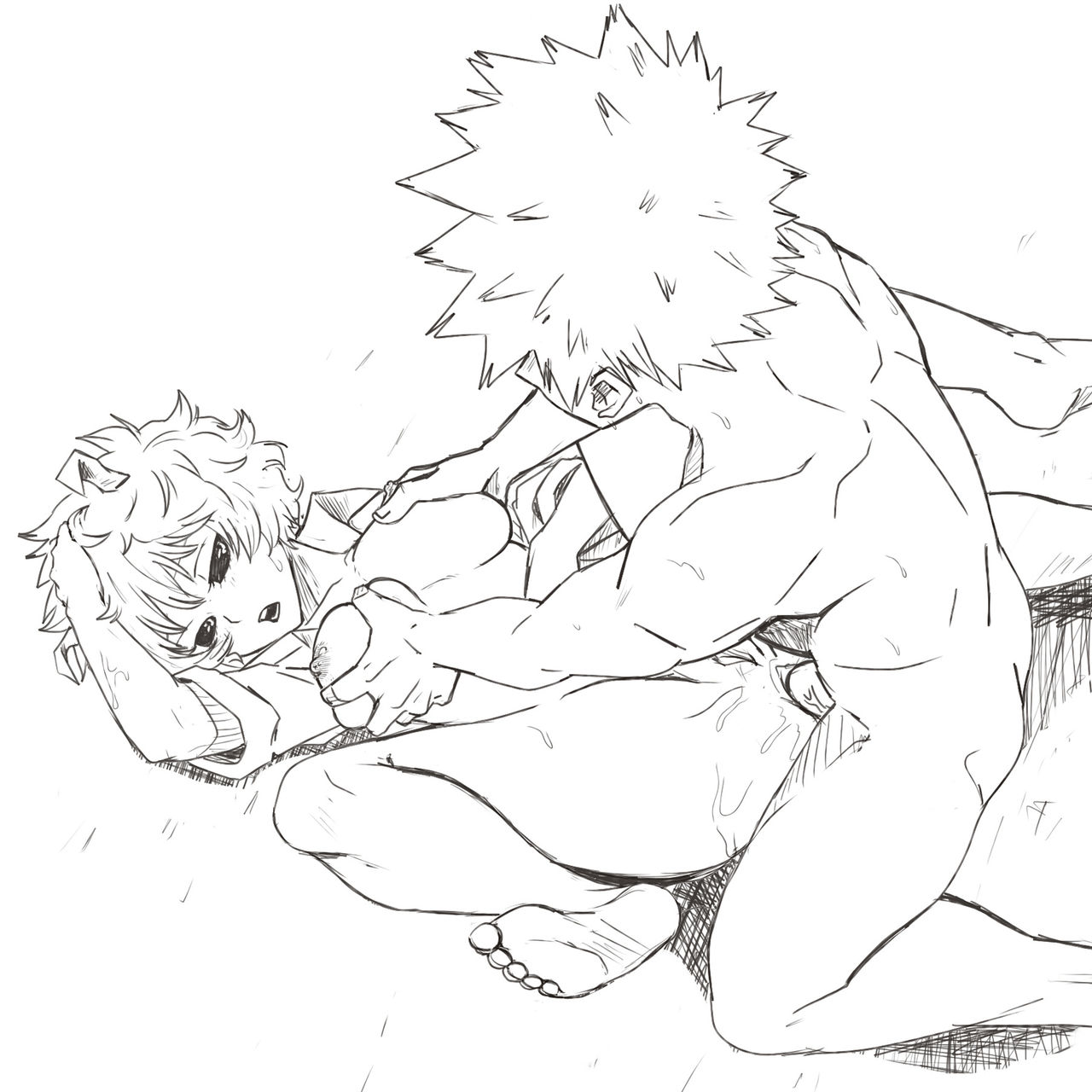 1boy, 1girls, anal, anal sex, barefoot, black sclera, breast grab, breast squeeze, breasts, erect nipples, female, fondling breast, holding breast, horns, katsuki bakugou, large breasts, legs apart, legs spread, line art, male, male/female, mina ashido, monochrome, muscular, muscular male, my hero academia, naked, nightlykrumbs, nipples, nude, nude female, nude male, nudity, on back, penetration, penis, sex, spiky hair, straight, sweat, uncensored, veiny penis, viewed from above