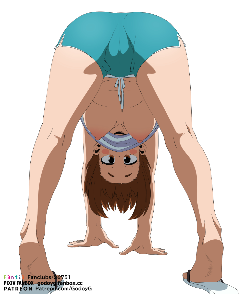 1girls, breast outside, breasts, brown hair, brown-haired female, doggy style, feet, felipe godoy, female, female focus, female only, gym shorts, looking at viewer, looking back, medium hair, my hero academia, no bra, ochako uraraka, presenting hindquarters, sandals, short hair, soles, solo, solo female, solo focus